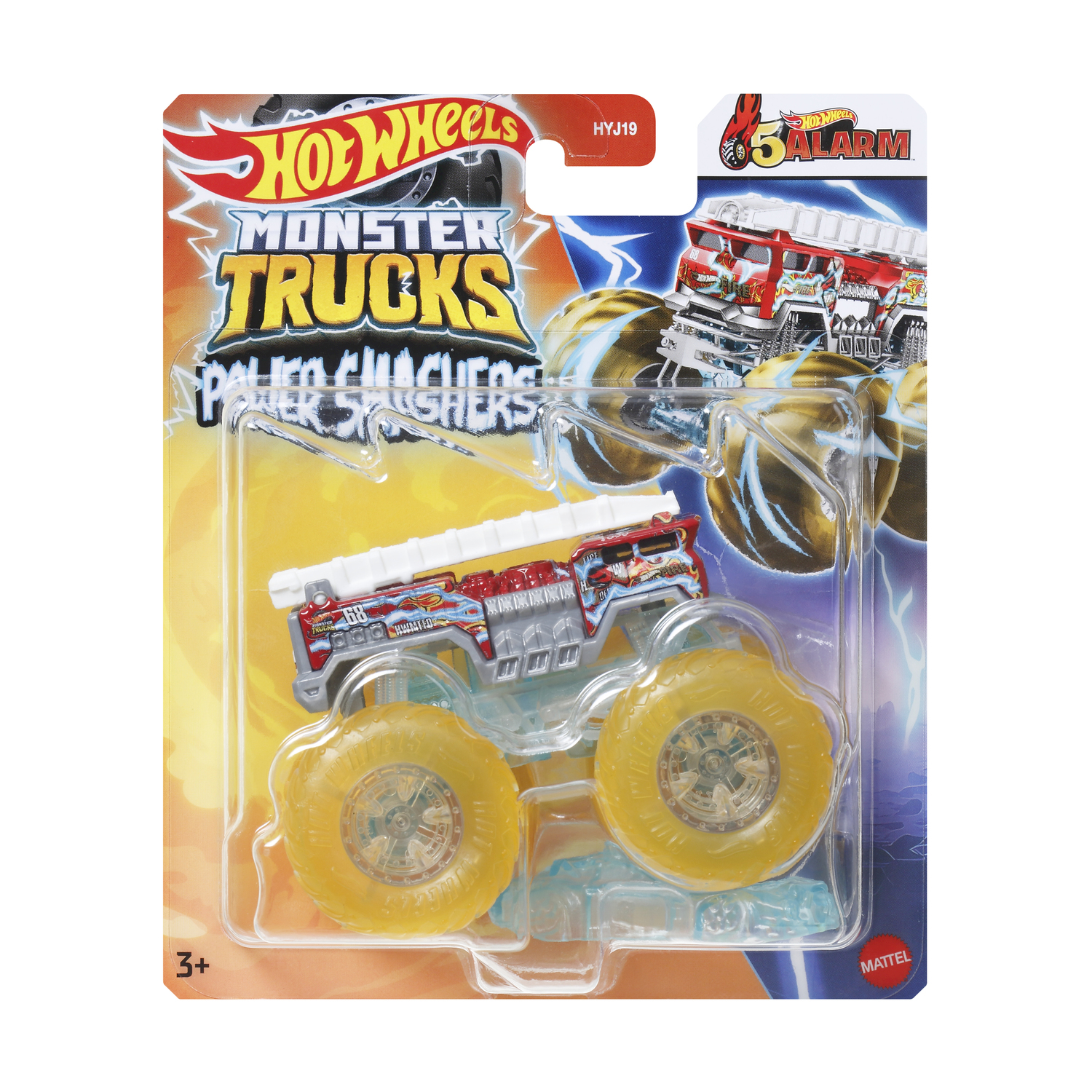 Un camion giocattolo Hot Wheels in una confezione. Il camion è rosso e argento, con ruote gialle e '5 ALARM'.