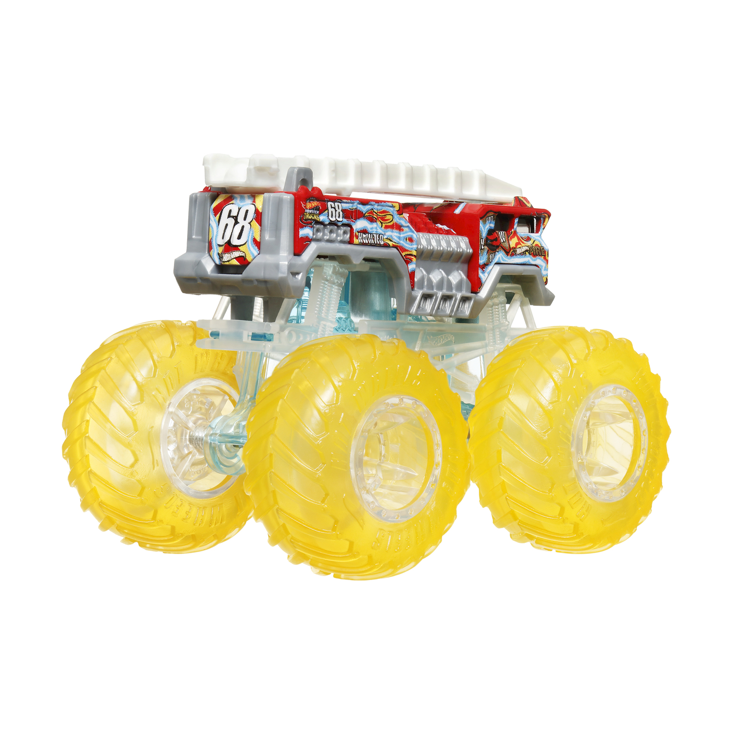 Monster truck rosso e argento con ruote gialle. Il numero '68' è visibile.