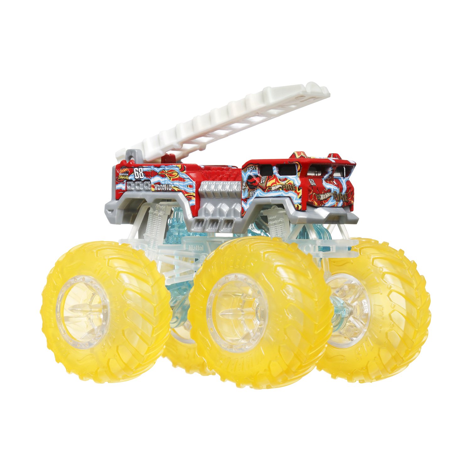Monster truck Hot Wheels rosso e bianco con pneumatici giallo brillante.
