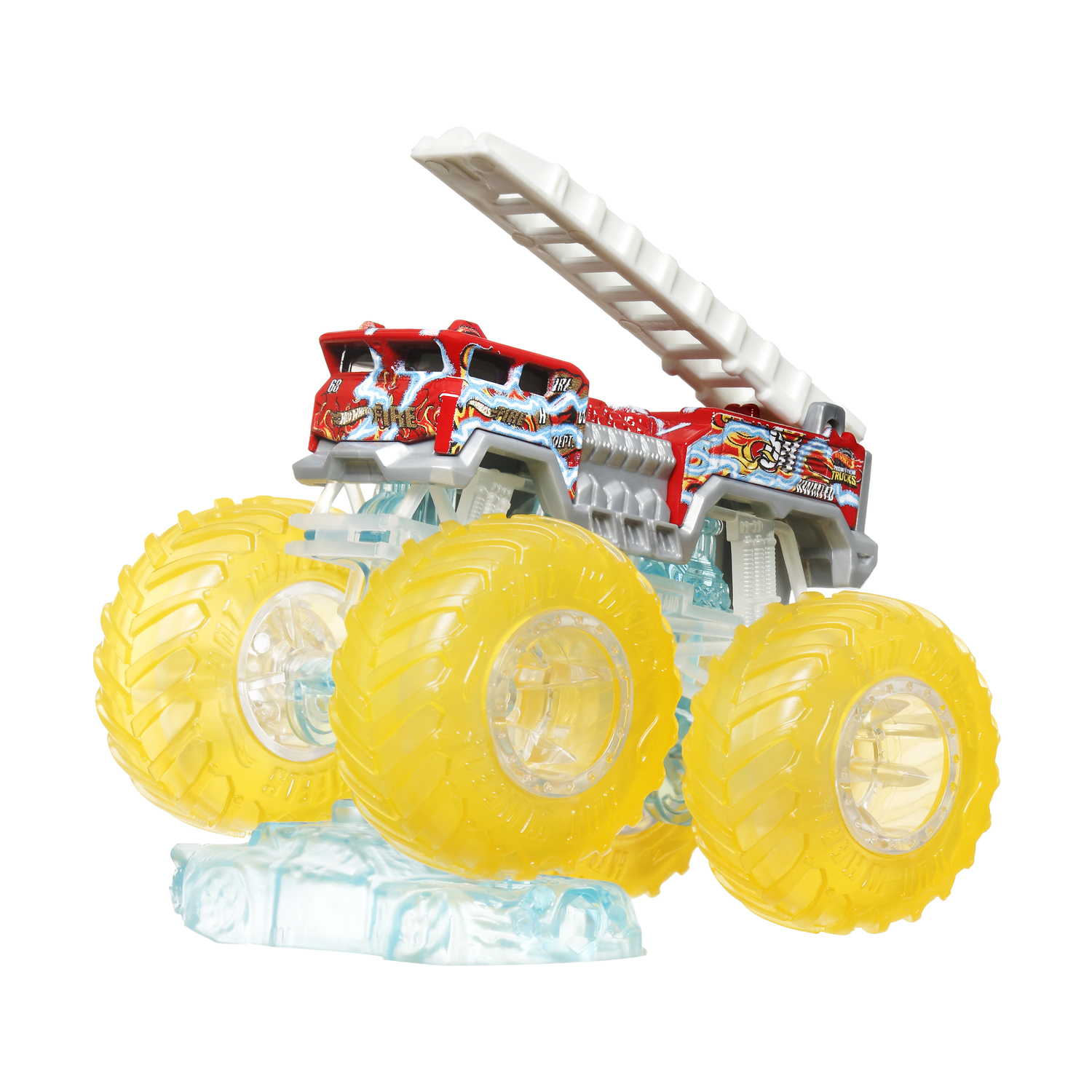 Giocattolo di monster truck rosso e bianco con ruote gialle, su base di ghiaccio blu.