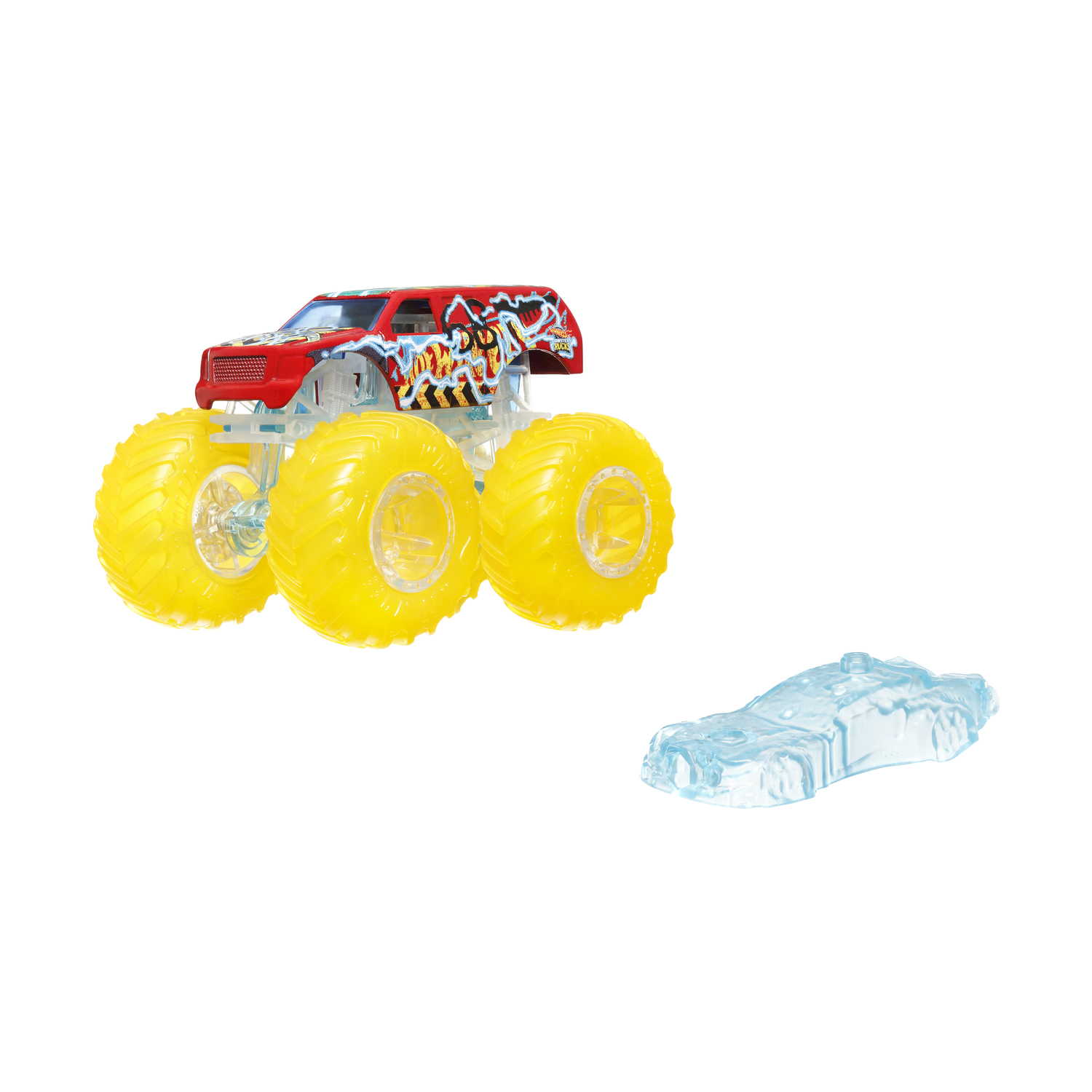 Un monster truck rosso e blu con ruote gialle e un pezzo di auto trasparente.