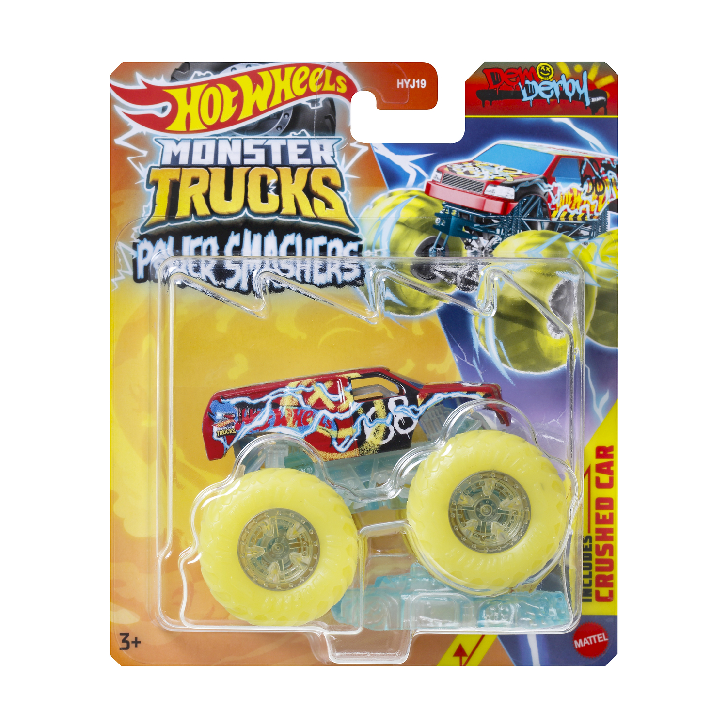 Un Monster Truck Hot Wheels. È rosso e blu con ruote gialle, confezionato in plastica.