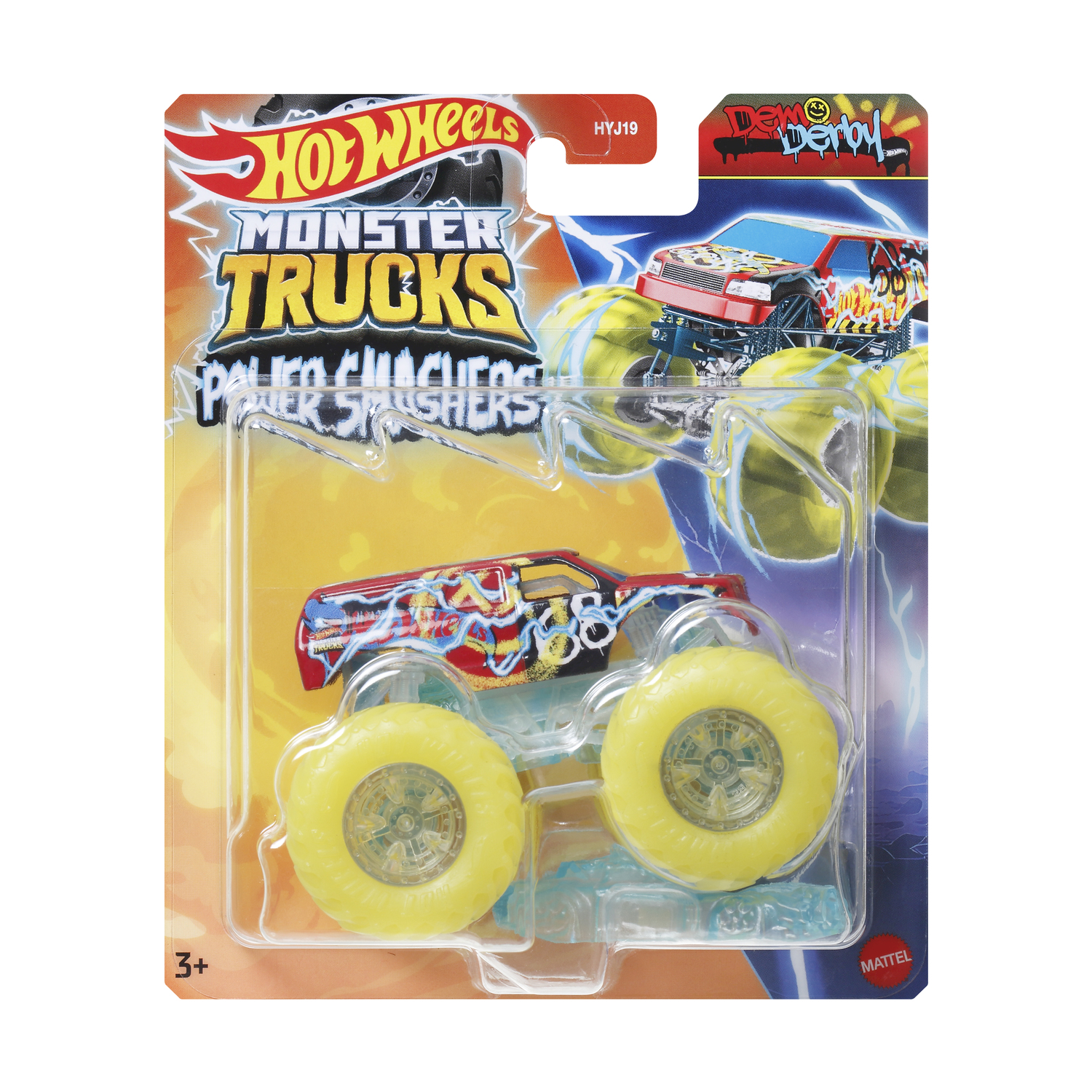 Giocattolo Hot Wheels Monster Trucks in confezione, mostra un camion rosso e giallo.