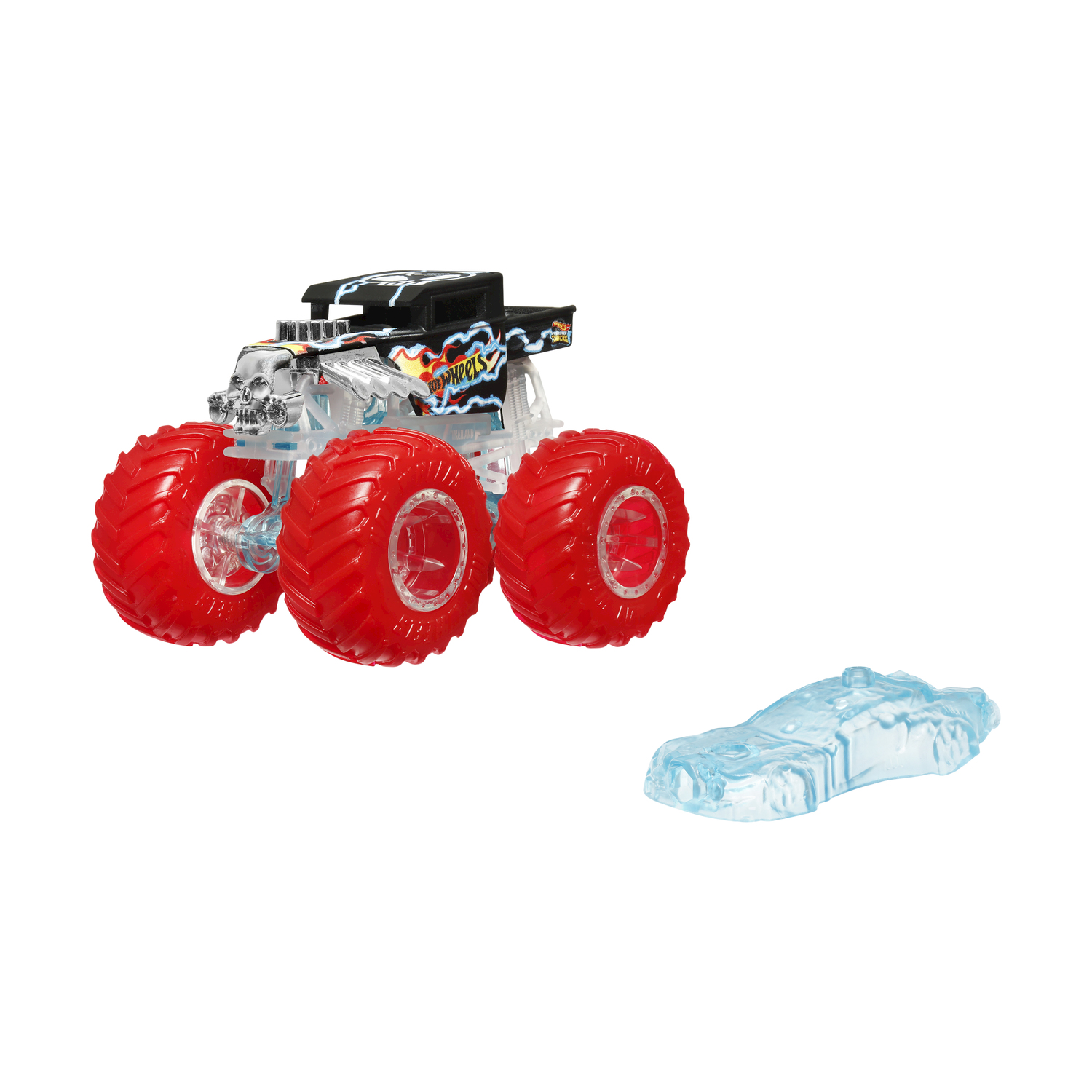 Un monster truck giocattolo Hot Wheels con ruote rosse e una macchina giocattolo blu più piccola.