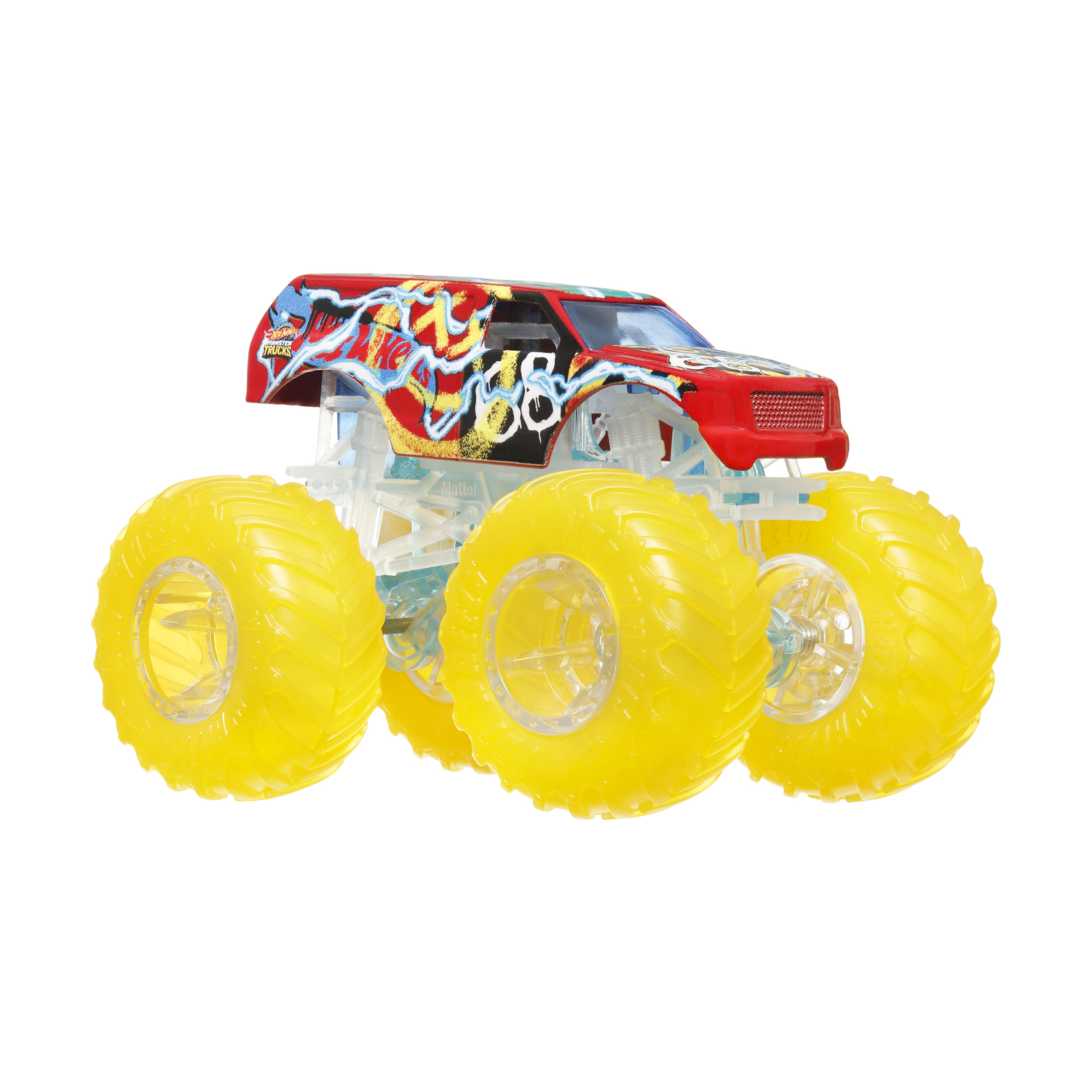 Monster truck rosso con pneumatici gialli. Ha grafiche colorate e telaio trasparente.
