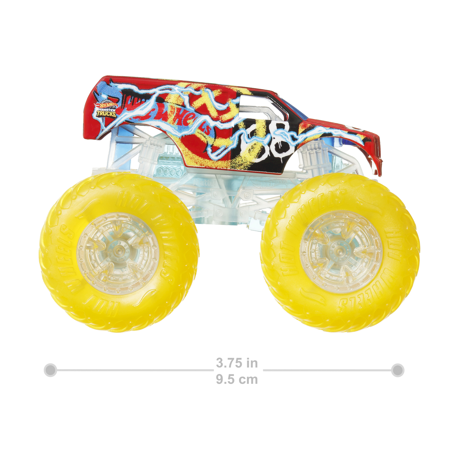 Un monster truck rosso e blu con ruote gialle e il numero 88 sul lato.