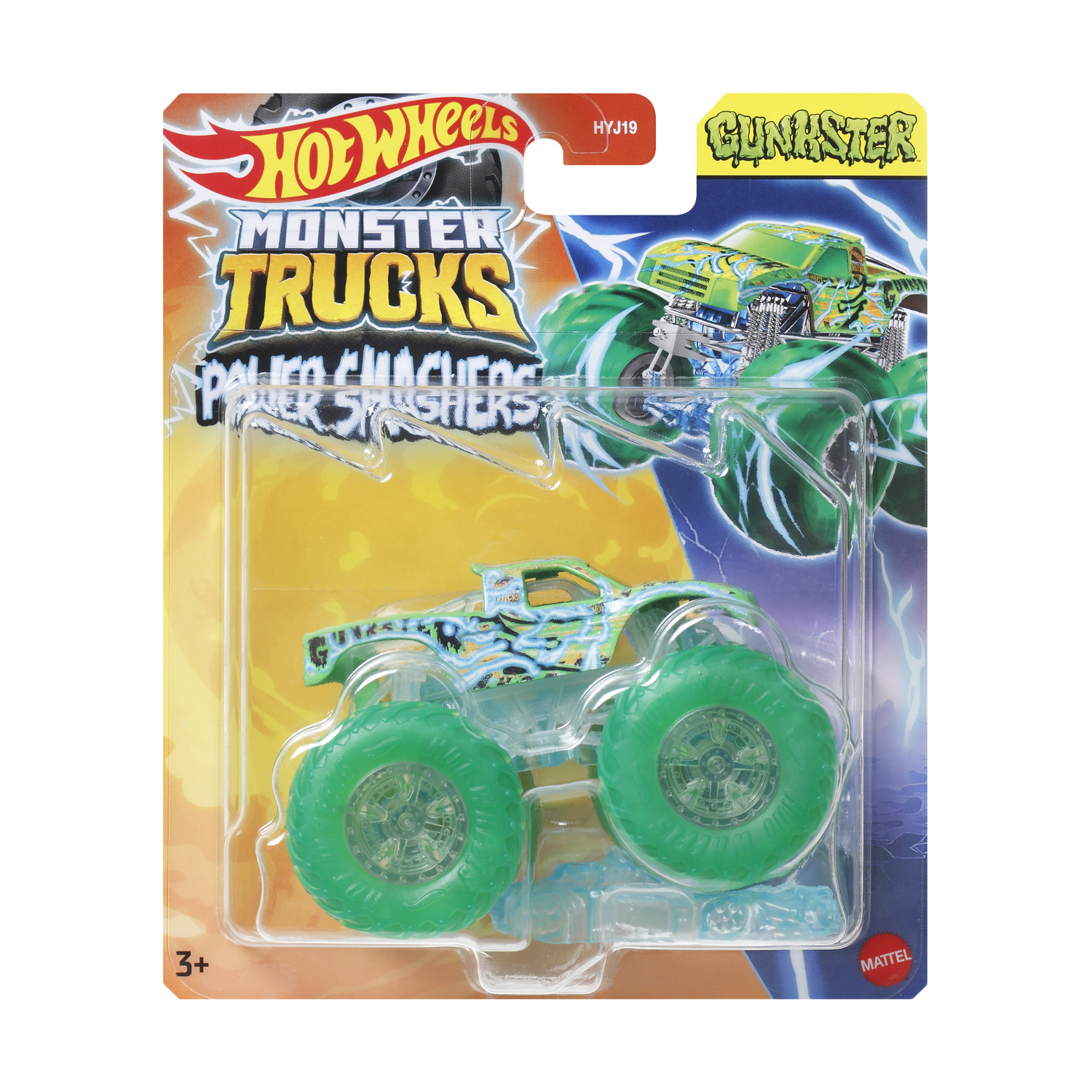Monster truck Hot Wheels in una confezione. Il camion è verde e ha un telaio trasparente.