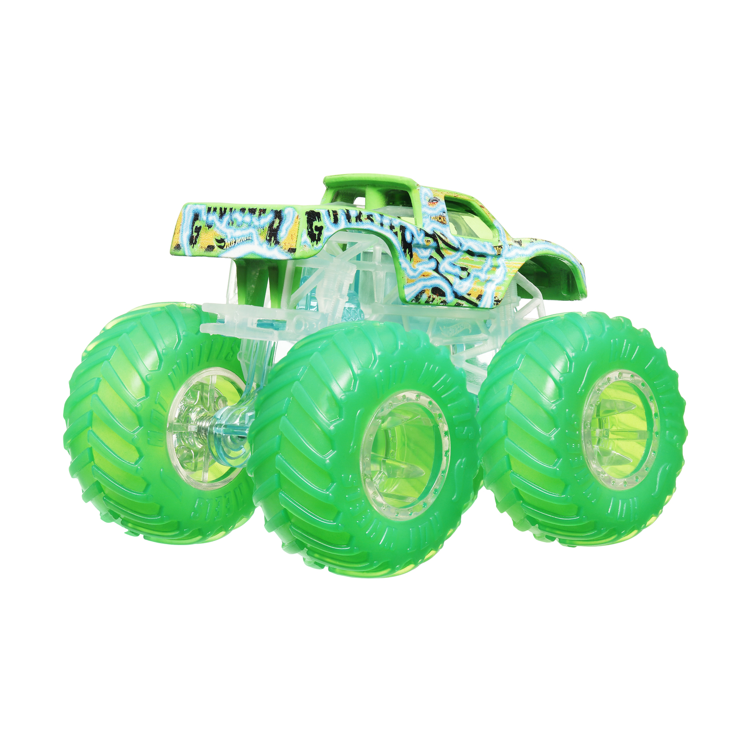 Giocattolo di monster truck verde con grandi ruote verdi.