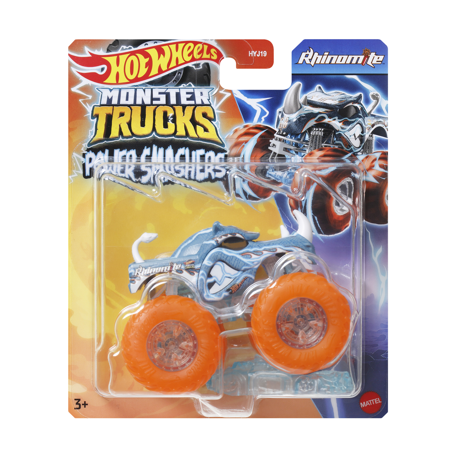 Giocattolo Hot Wheels Monster Trucks. Presenta un monster truck blu con ruote arancioni, in un blister.