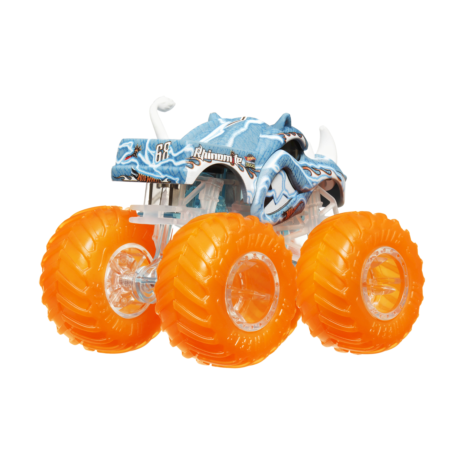 Monster truck blu e bianco con ruote arancioni.