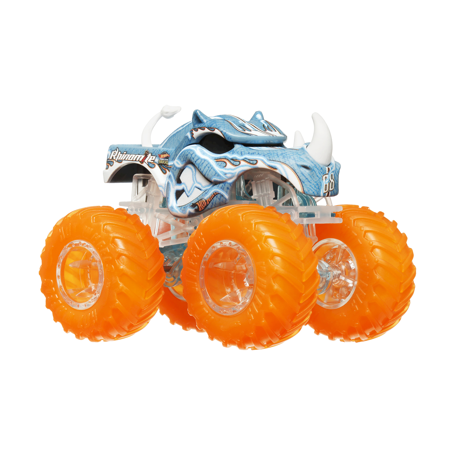 Giocattolo monster truck blu e arancione. Ha un design di rinoceronte, pneumatici arancioni e parti trasparenti.