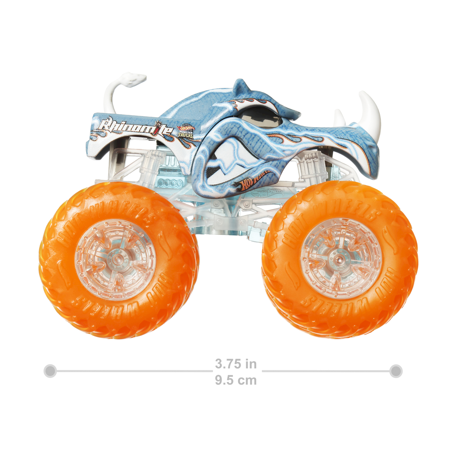 Monster truck Hot Wheels con ruote arancioni e carrozzeria blu e bianca.
