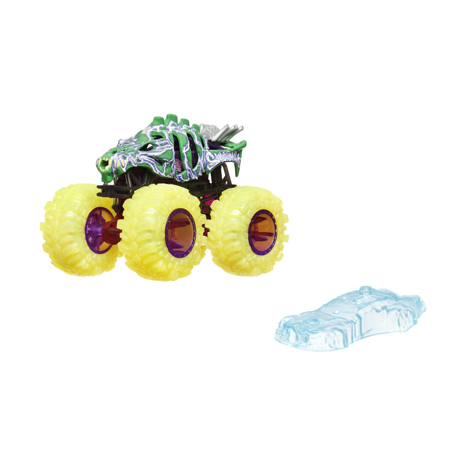 Un monster truck verde con pneumatici gialli e un'auto giocattolo blu. Il camion ha un design dettagliato.