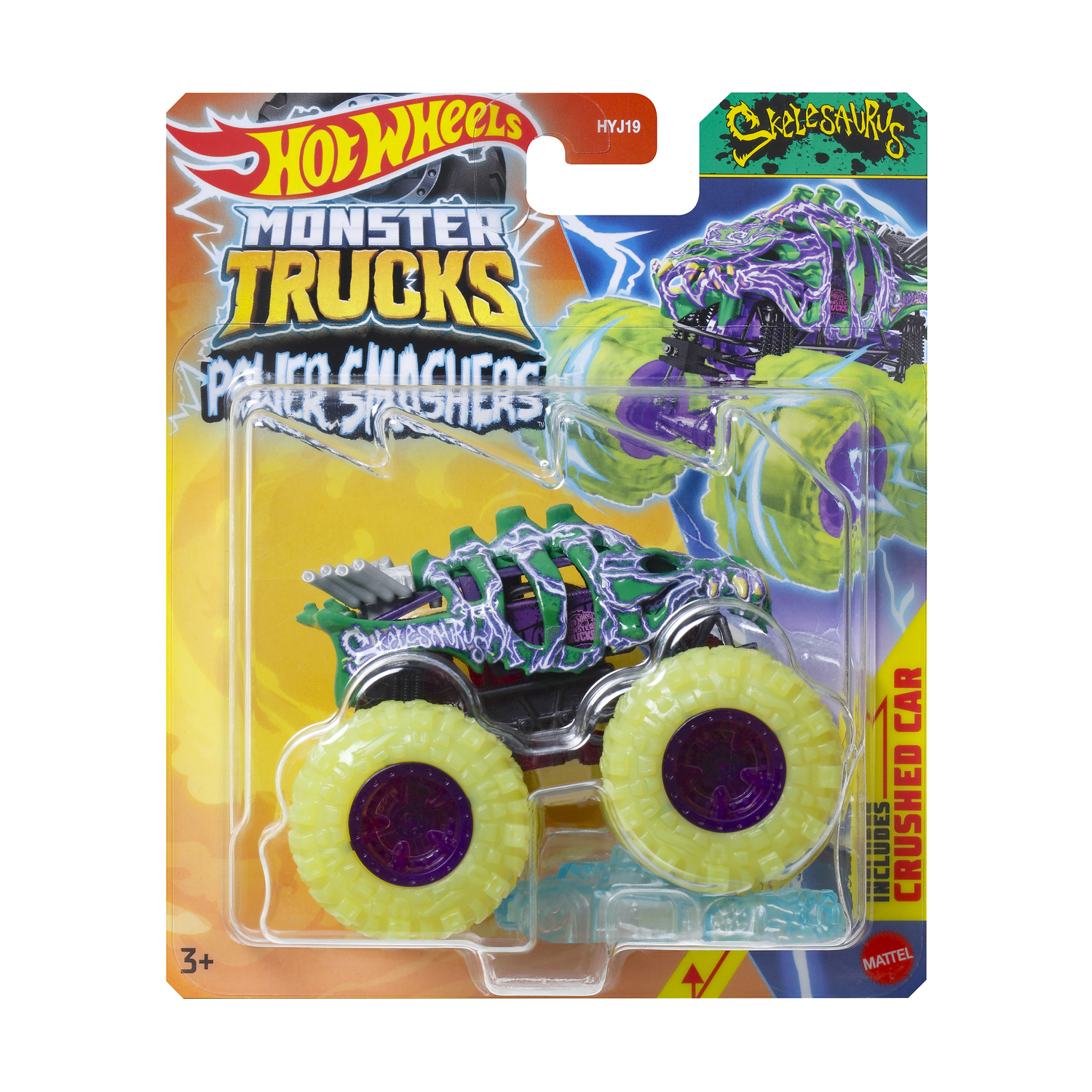Una confezione di giocattoli Hot Wheels Monster Truck con un camion verde e viola.