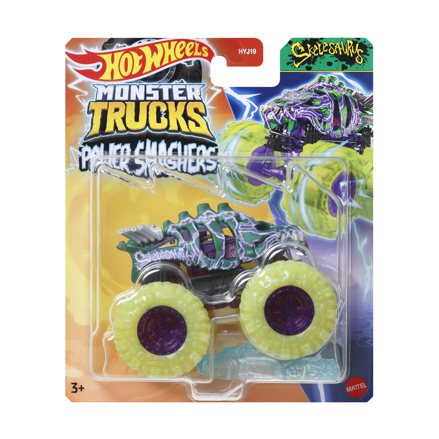 Giocattolo Hot Wheels Monster Truck in una confezione, con design verde e viola.
