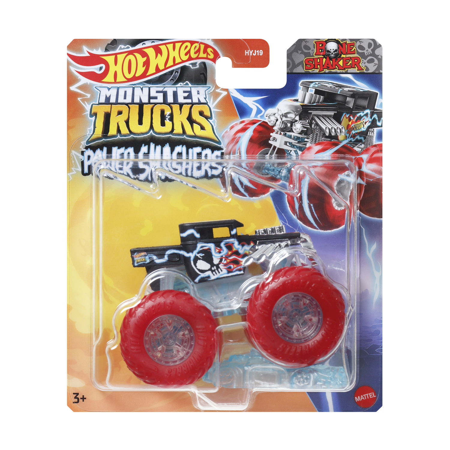 Una confezione di giocattoli Hot Wheels Monster Trucks con un camion nero e rosso con design a teschio.