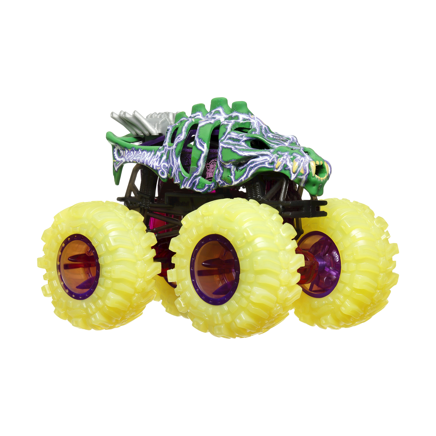 Giocattolo monster truck con teschio verde.