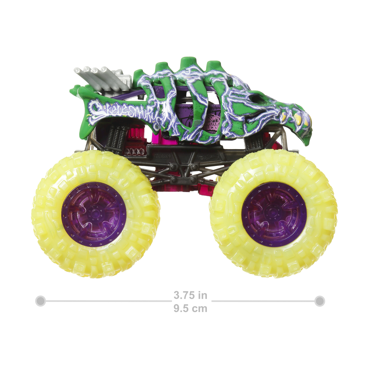 Giocattolo di monster truck con design a scheletro di dinosauro verde e viola. Pneumatici gialli.