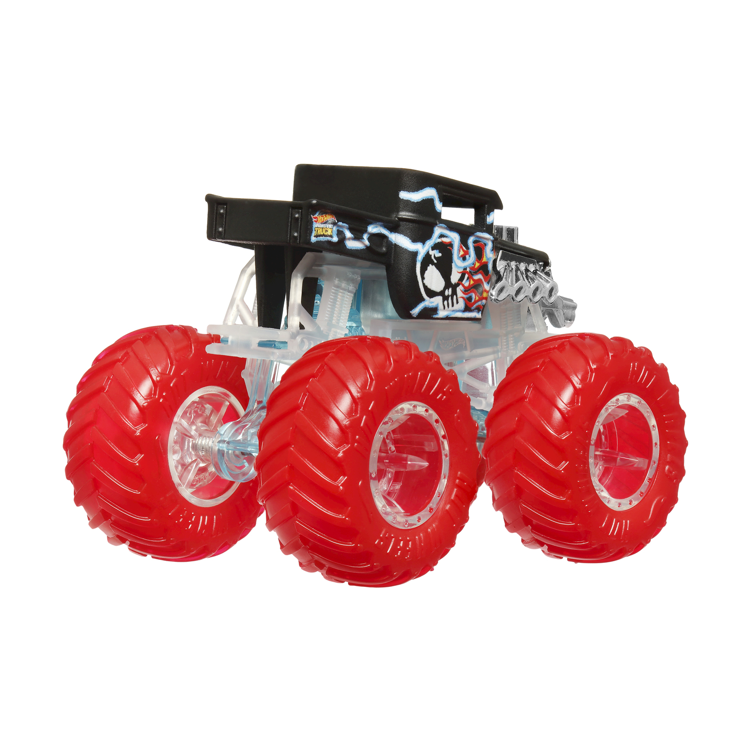Un monster truck Hot Wheels rosso e nero con grandi ruote rosse è in mostra.