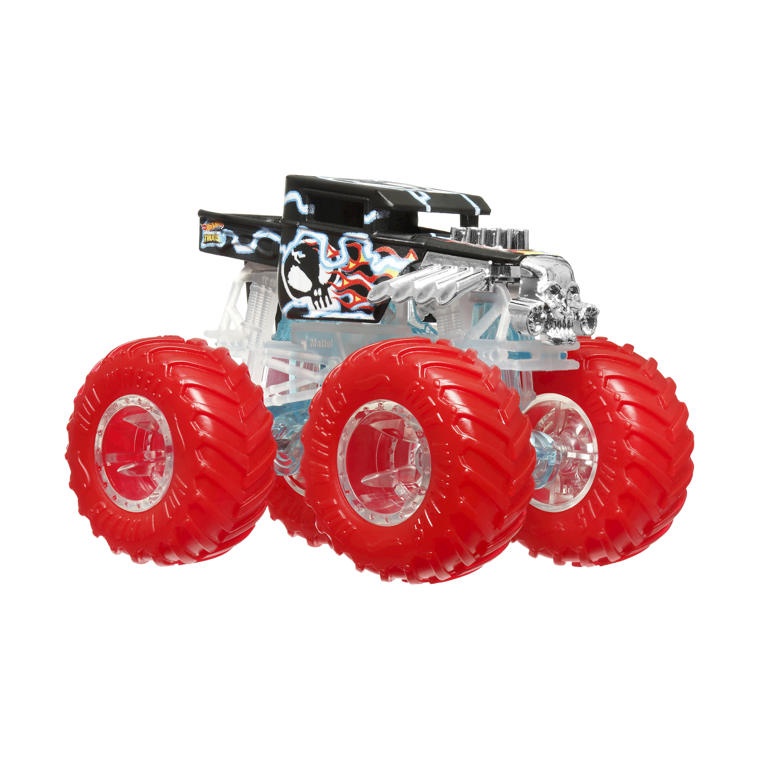 Giocattolo di camion mostro Hot Wheels con pneumatici rossi e carrozzeria trasparente con design di teschio e fiamme.