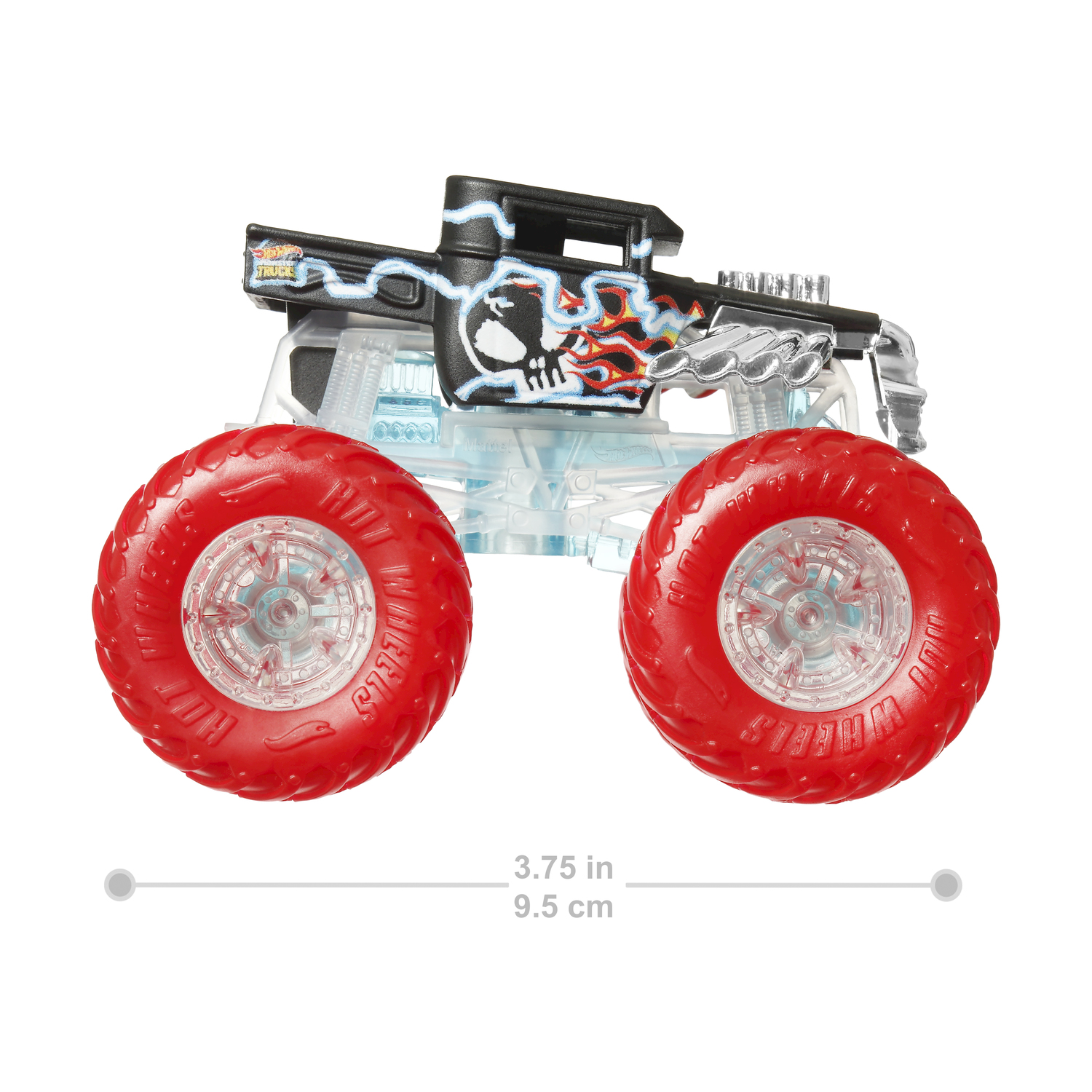 Camion Hot Wheels con ruote rosse, design teschio e indicatore di misura.