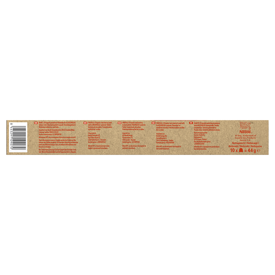 Eine Nespresso-Kaffeekapselbox mit Text und Barcodes auf der Verpackung.