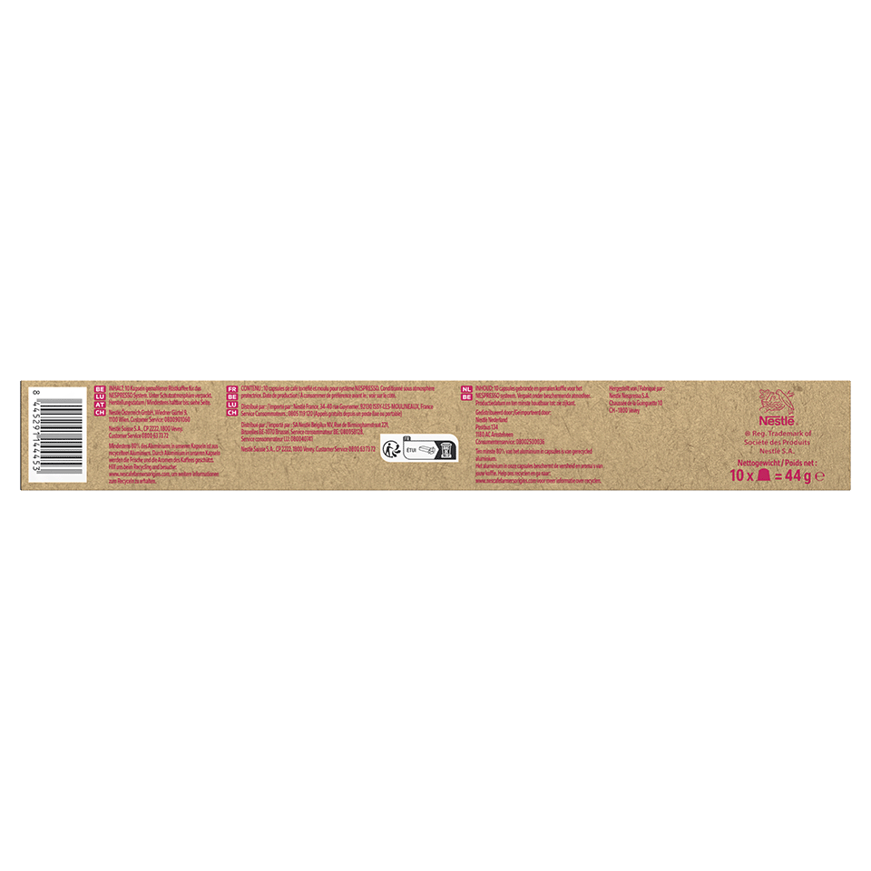 Eine Produktverpackung mit Text in mehreren Sprachen. Die Verpackung ist rechteckig und hat einen Barcode.