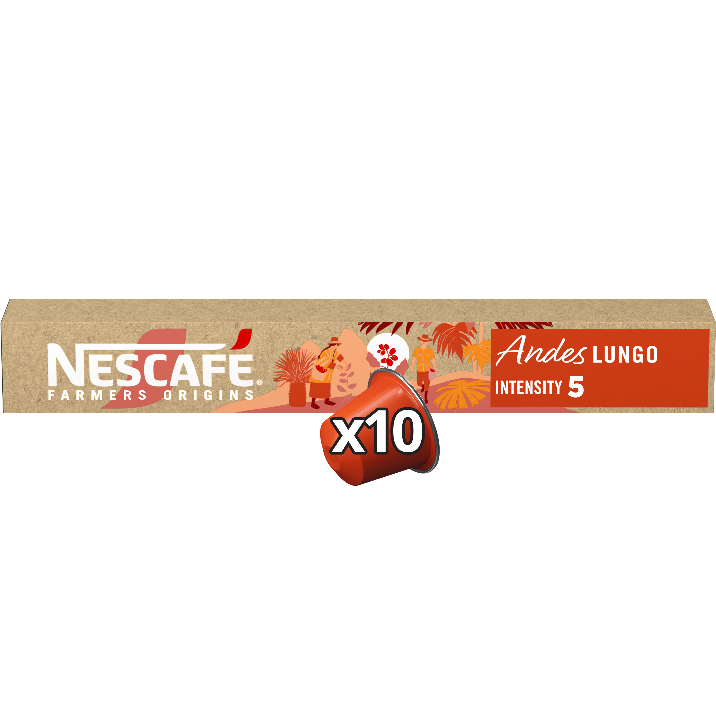 Nescafe Andes Lungo Kaffeekapseln in einer braunen Verpackung. Intensität 5.
