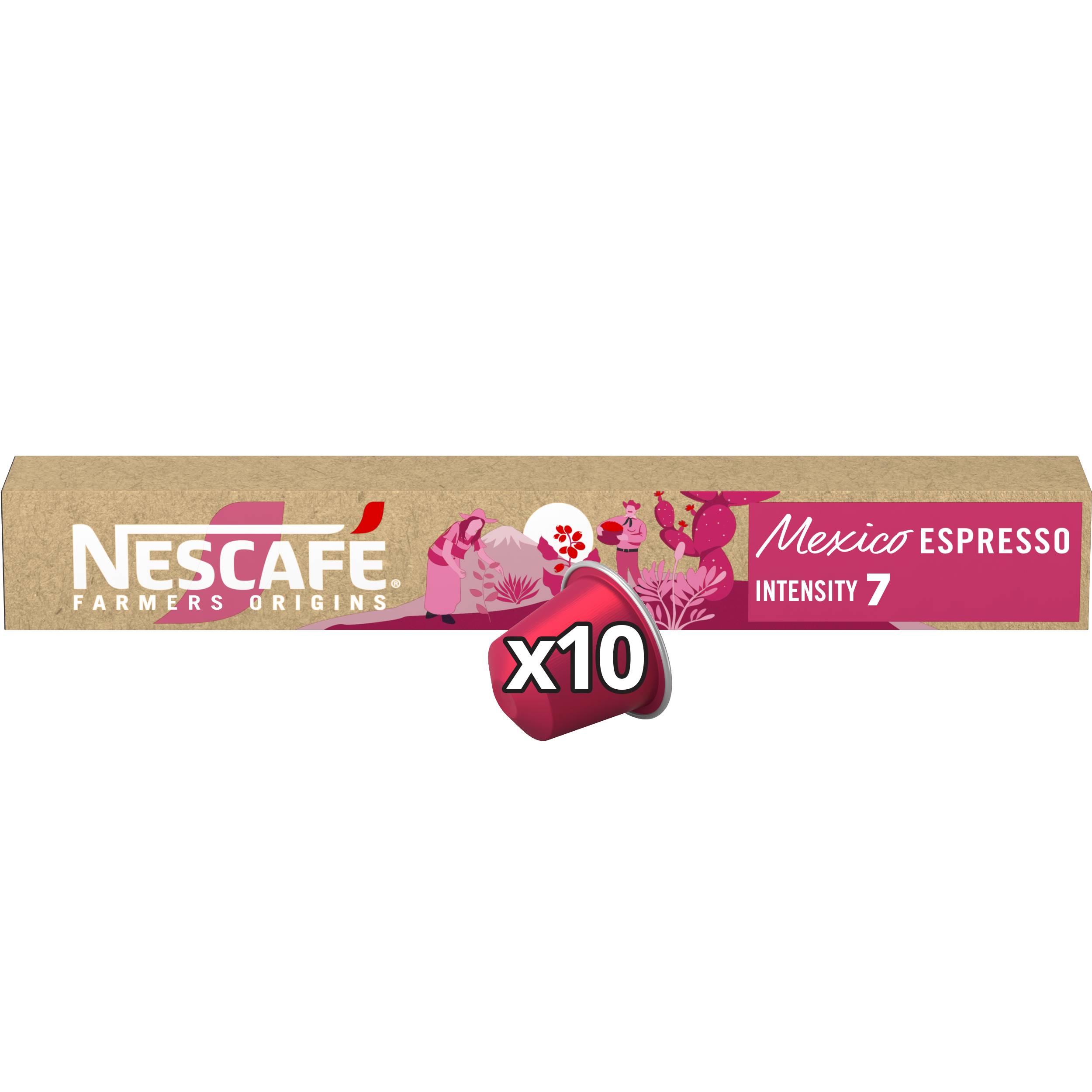Nescafe Mexico Espresso Kaffeekapseln-Box, mit roten Kapseln und mexikanischer Landschaft.