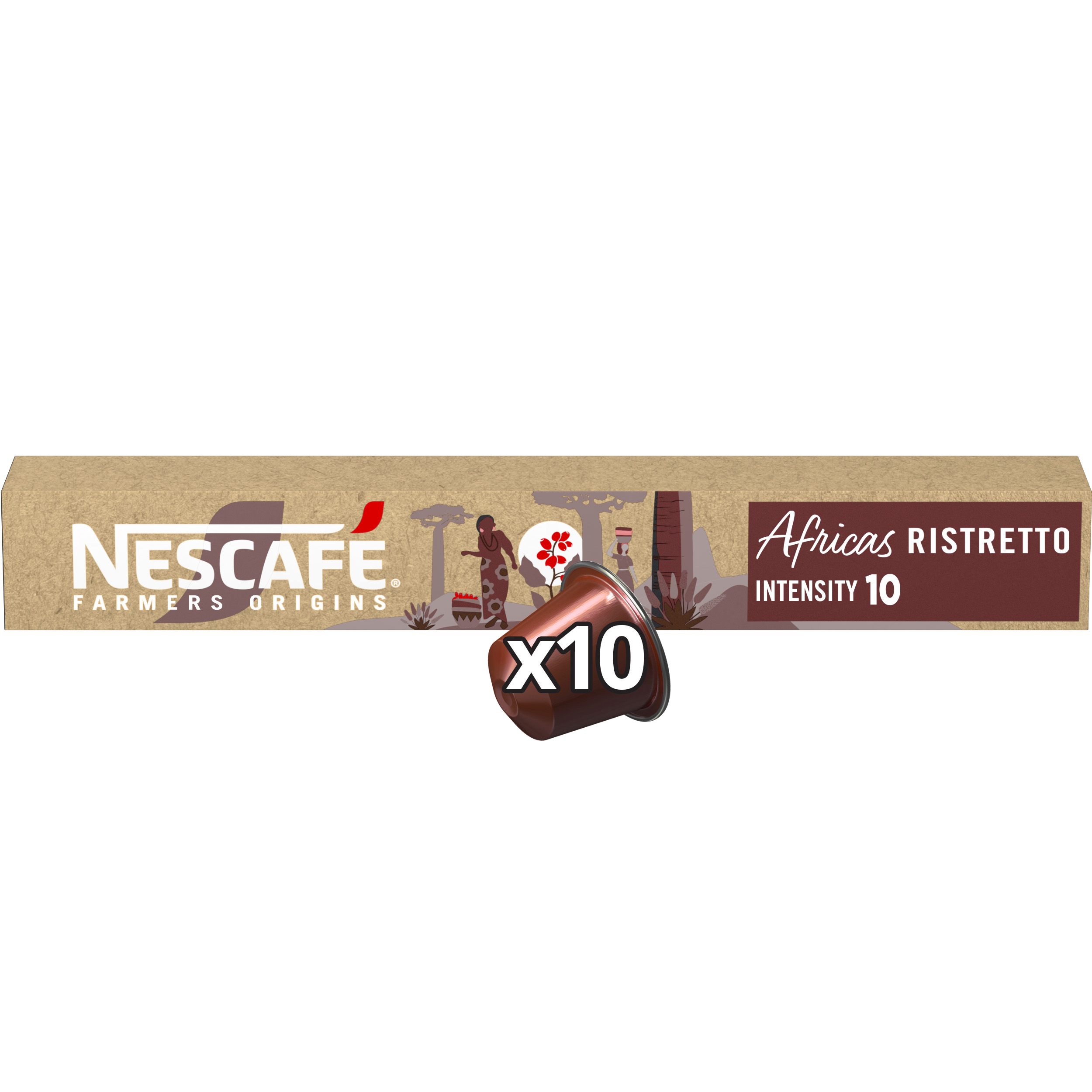 Eine braune Schachtel mit dem Nescafe-Logo und Kaffeekapseln.