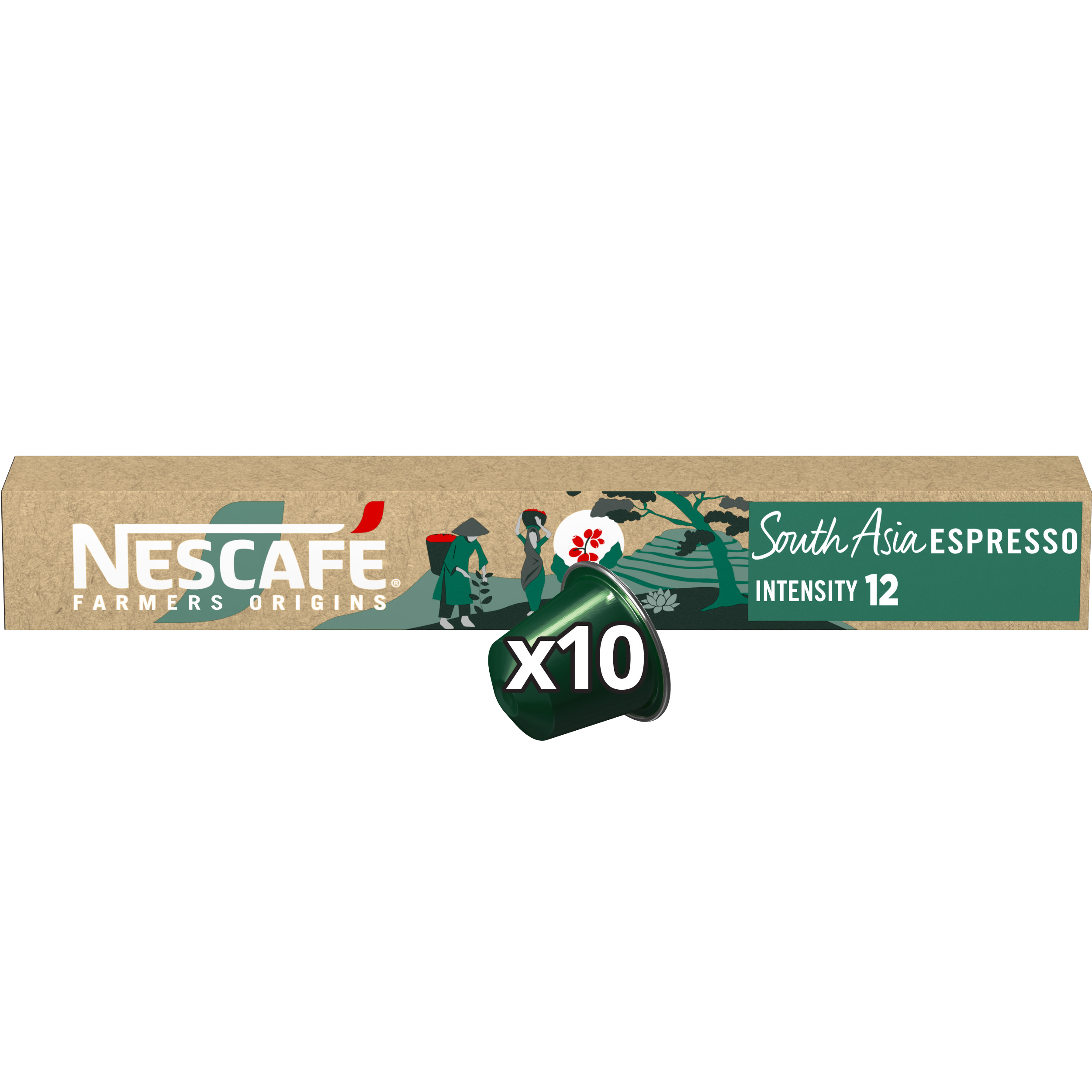 Nescafe Farmers Origins Espresso Kapseln Box. Die Box zeigt ein Bild von Menschen.