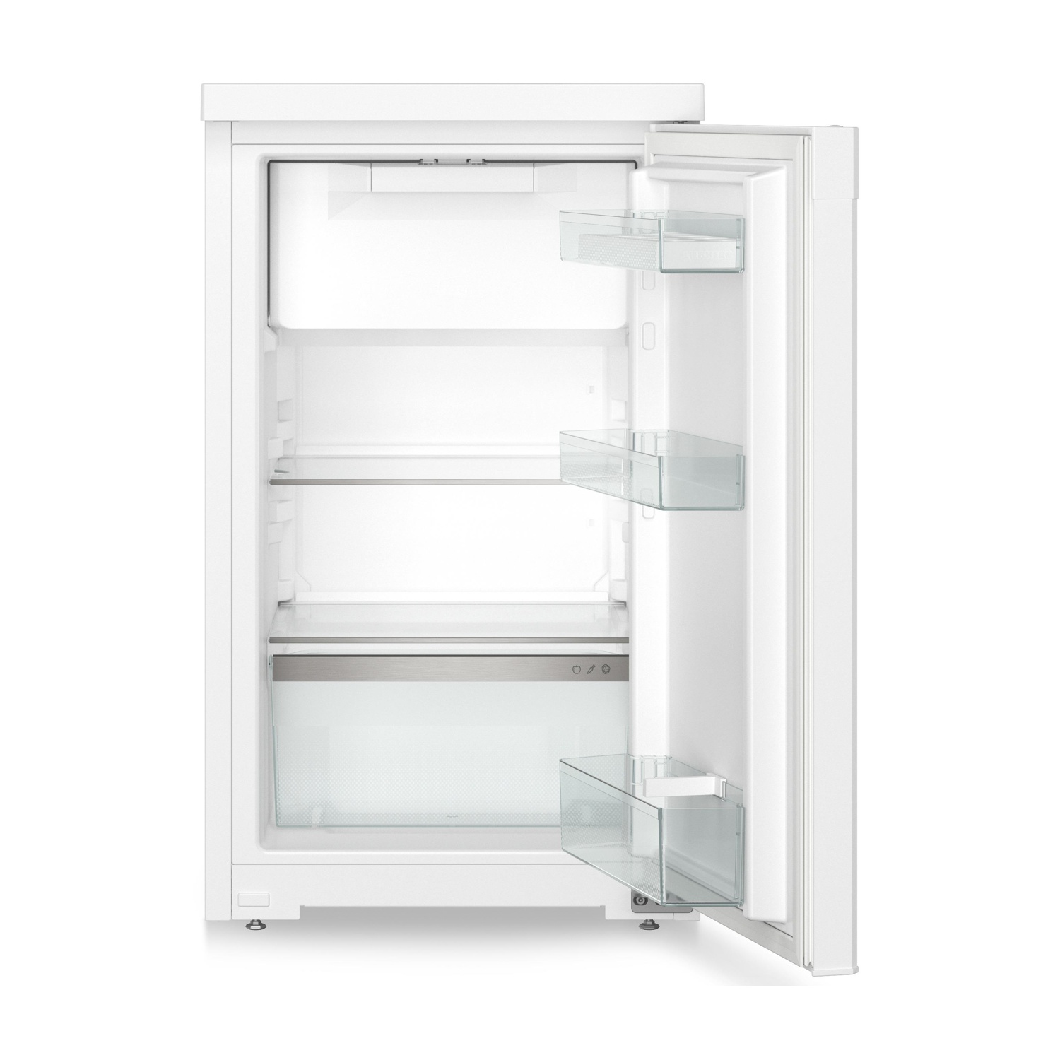 Frigorifero bianco con porta aperta. Scaffali e un cassetto sono visibili all'interno.