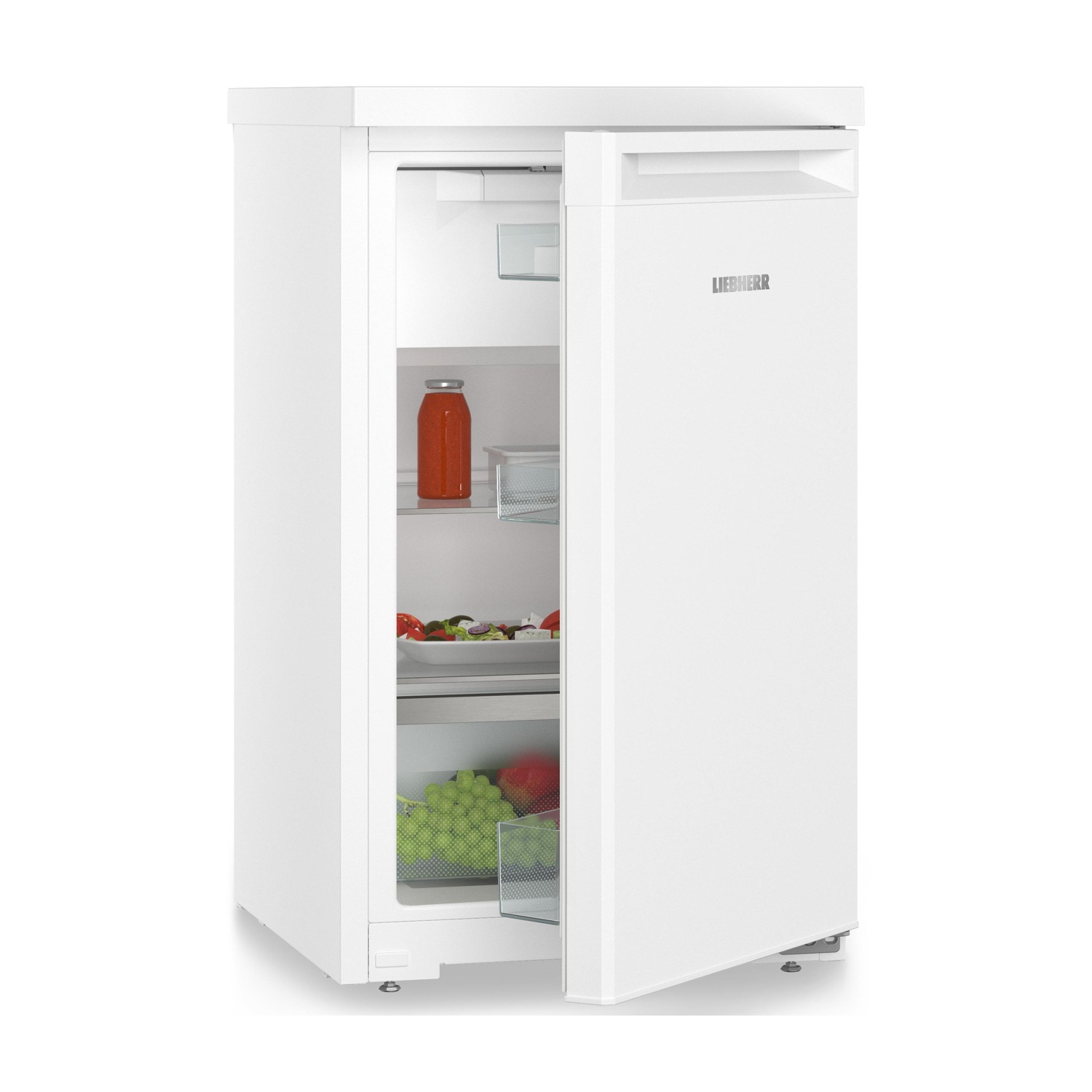 Frigorifero bianco con la porta aperta, che mostra ripiani interni con cibo e bevande.