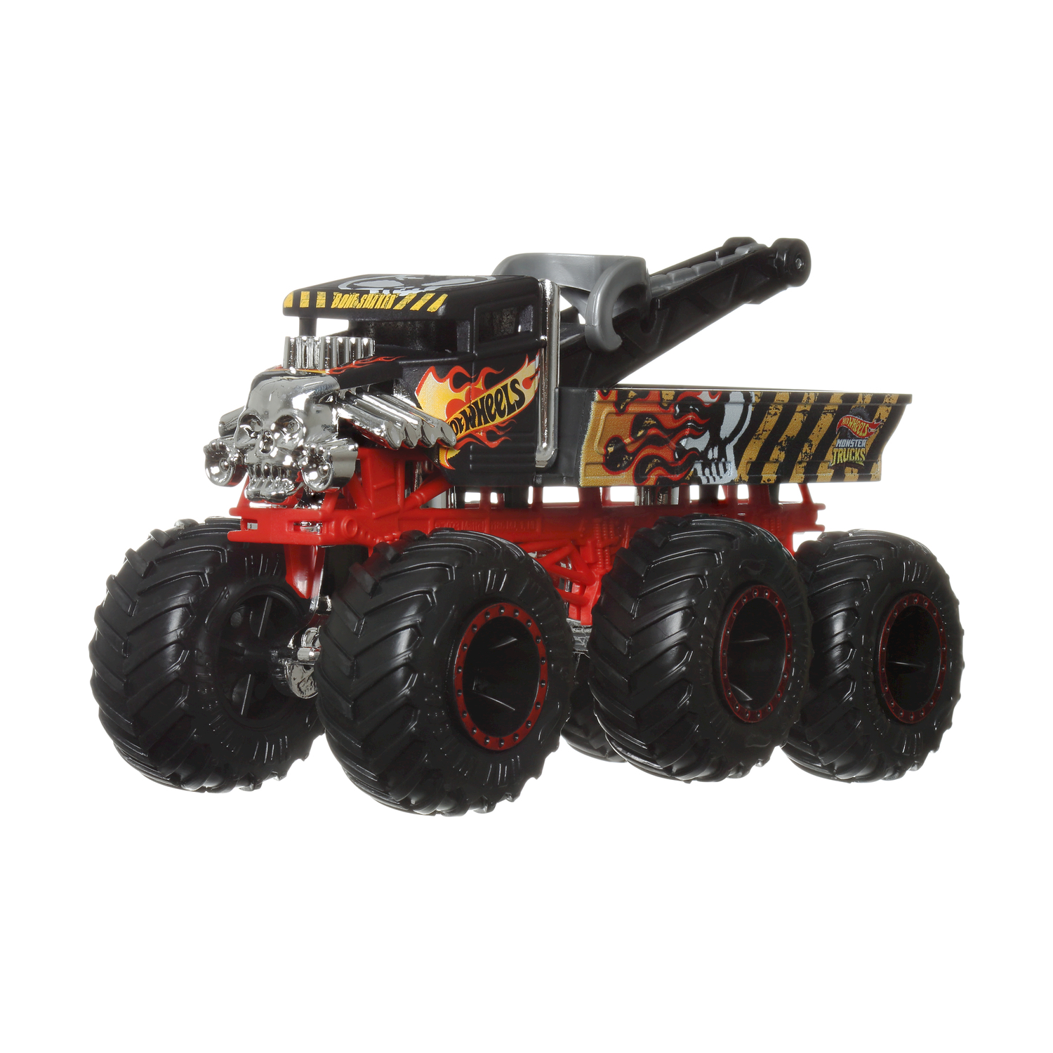 Un camion mostro Hot Wheels rosso e nero con grandi pneumatici neri.