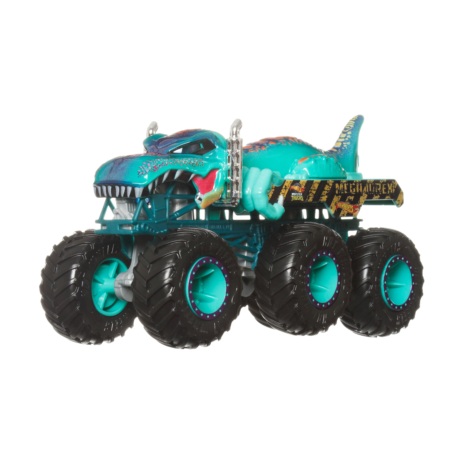 Un monster truck giocattolo con un corpo di dinosauro e ruote grandi.
