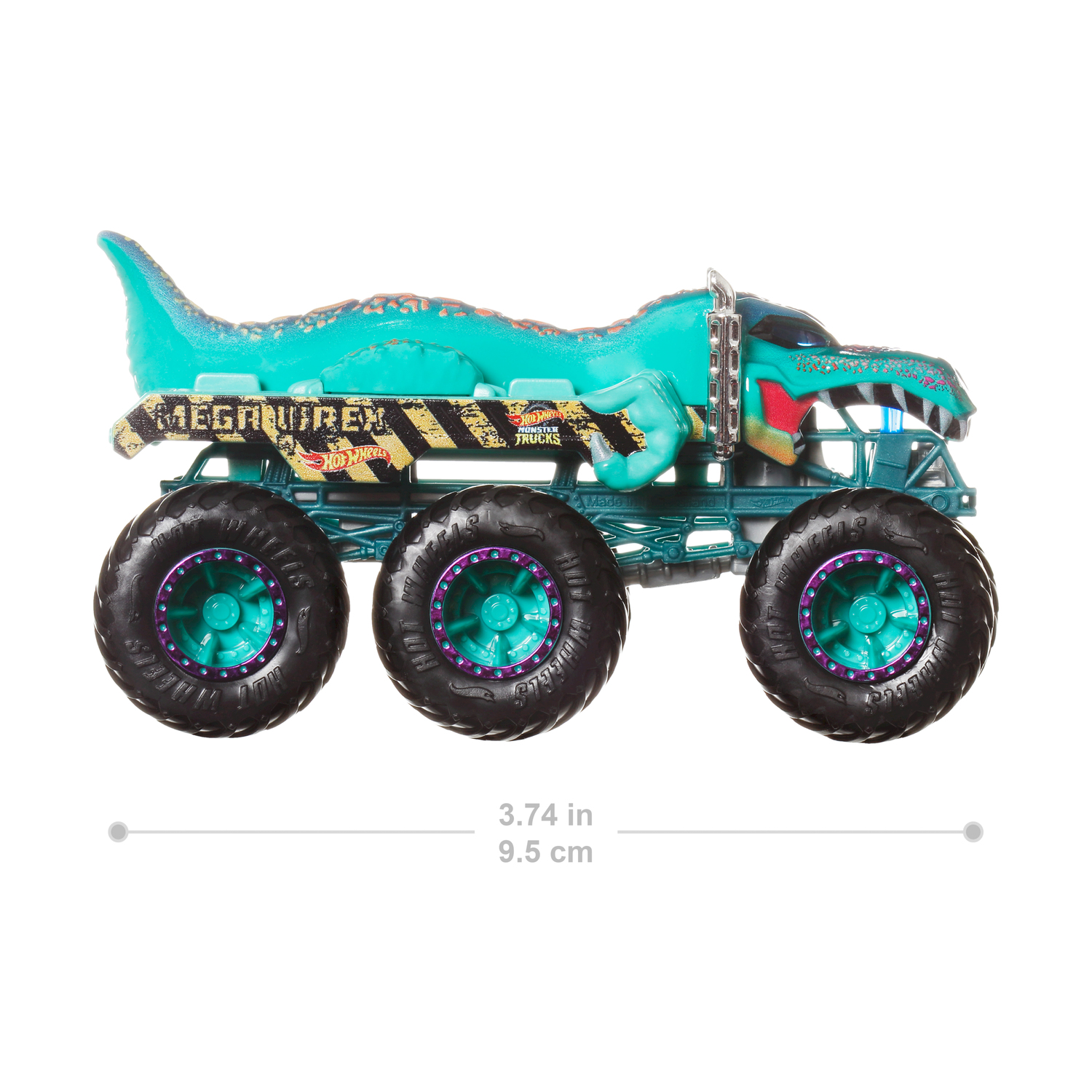 Un monster truck giocattolo con carrozzeria verde acqua, testa di dinosauro e grandi ruote nere con dettagli viola.