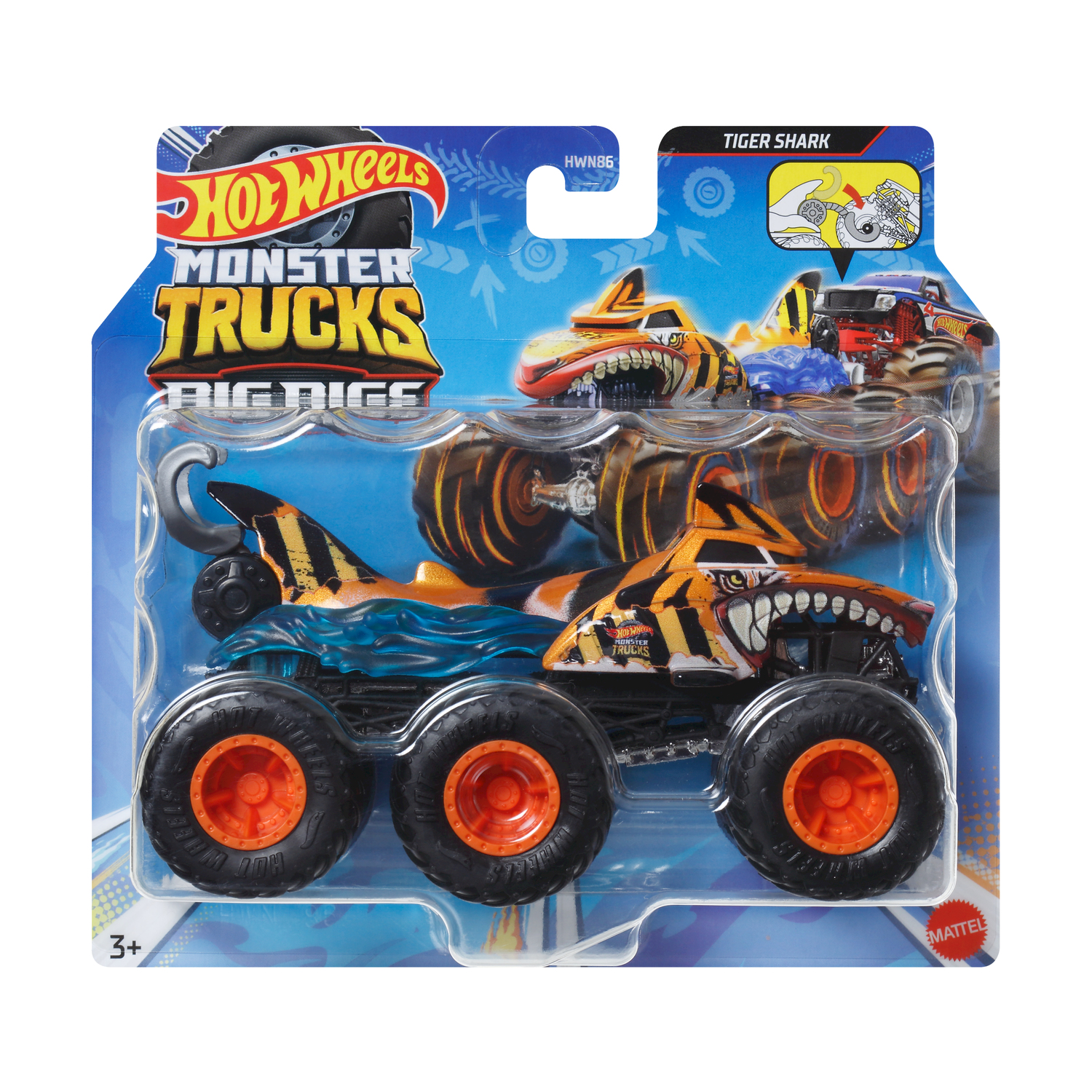 Giocattolo di monster truck su sfondo blu e bianco. Colori arancione e nero.