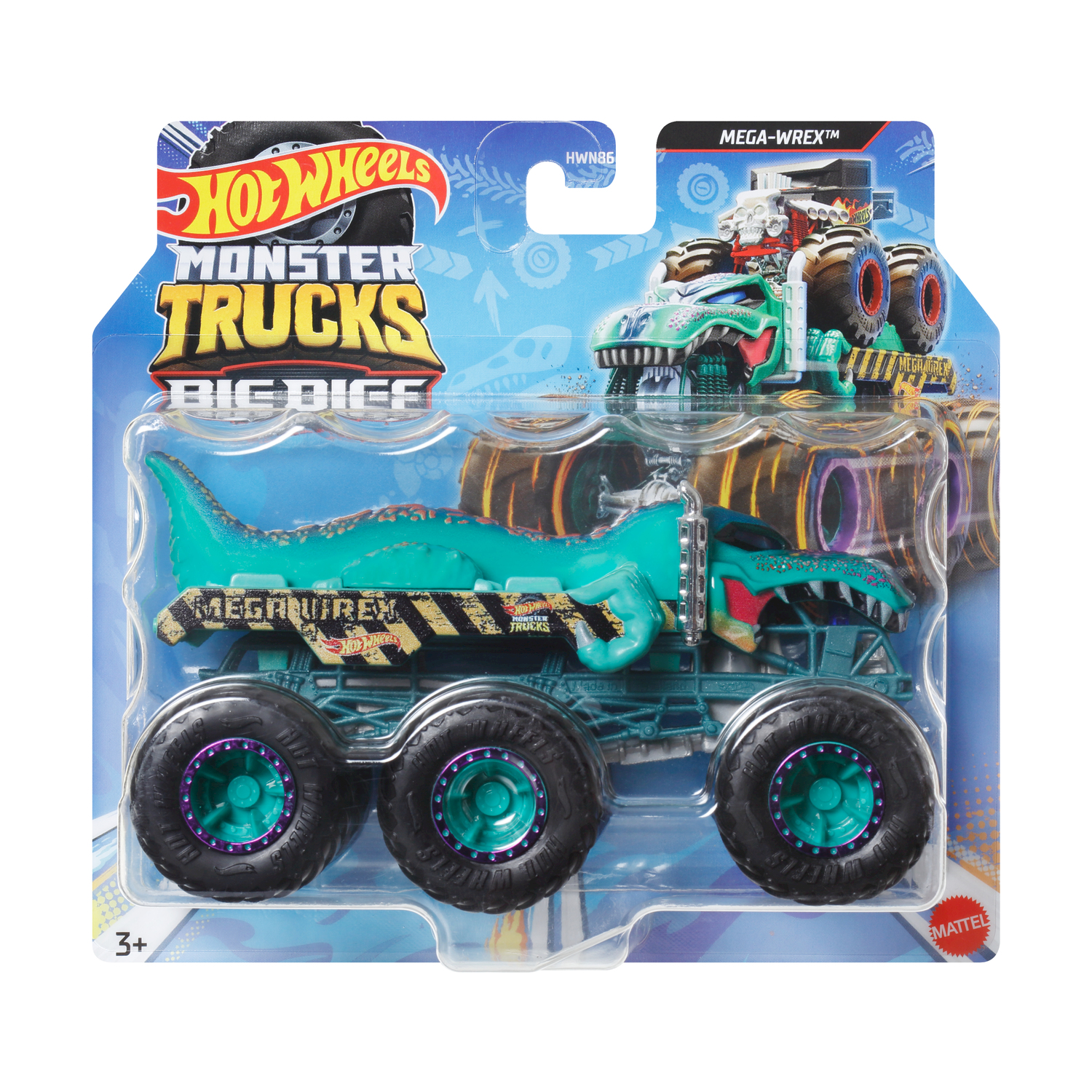 Un camion mostro giocattolo Hot Wheels con un design a squalo su un blister blu e bianco.