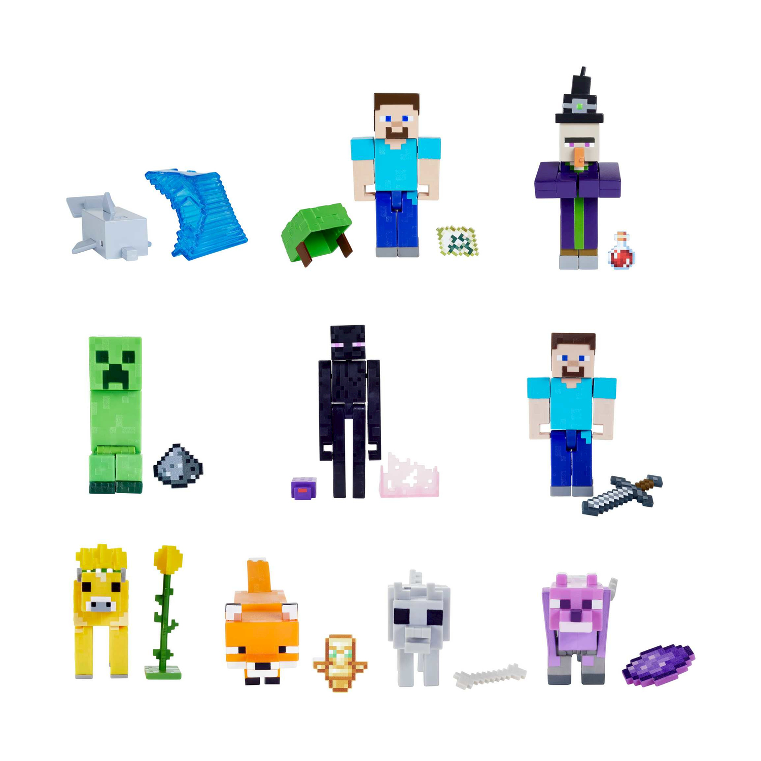 Varie figure di Minecraft: Steve, Creeper, Enderman e altri.