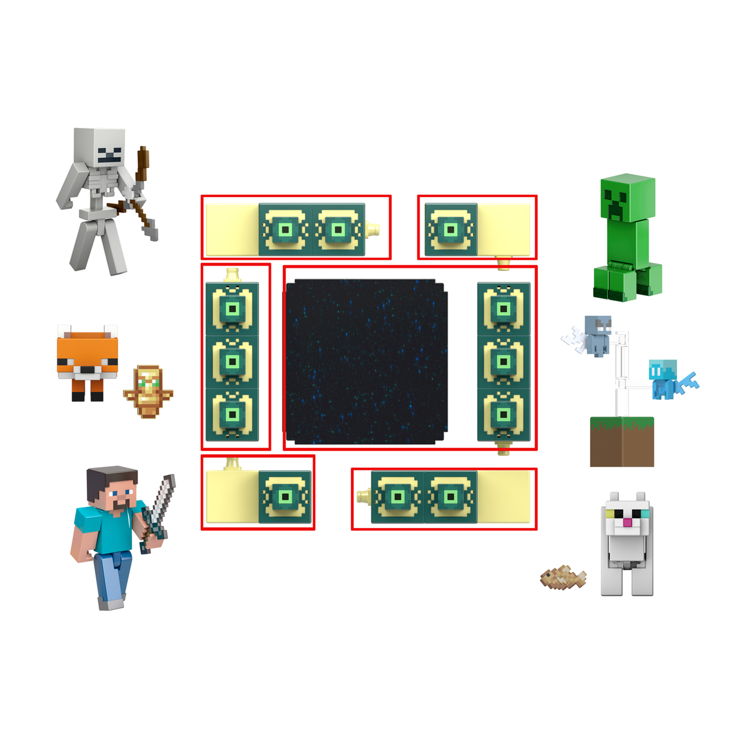 Una collezione di personaggi e blocchi di Minecraft, su sfondo bianco.