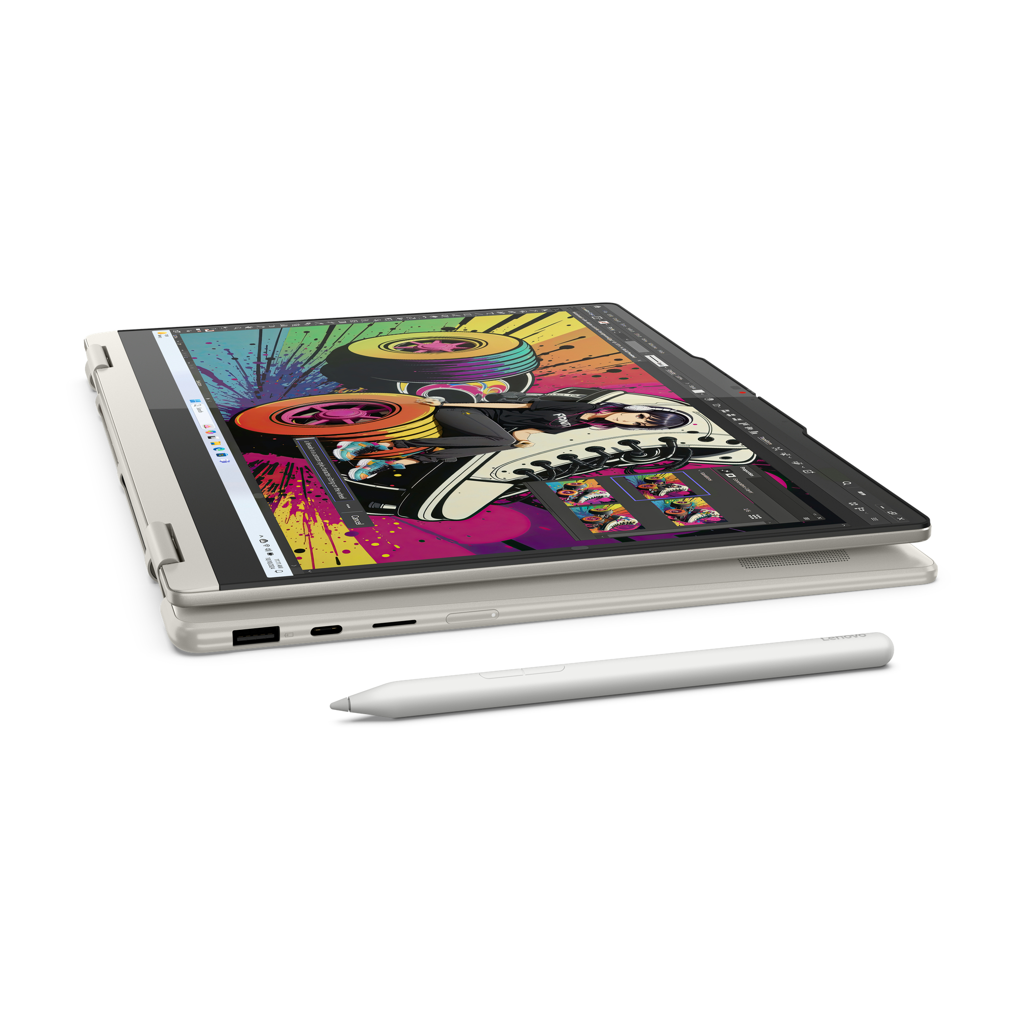 Ein weißer Laptop ist geöffnet und zeigt ein farbenfrohes Bild. Ein weißer Stift liegt daneben.