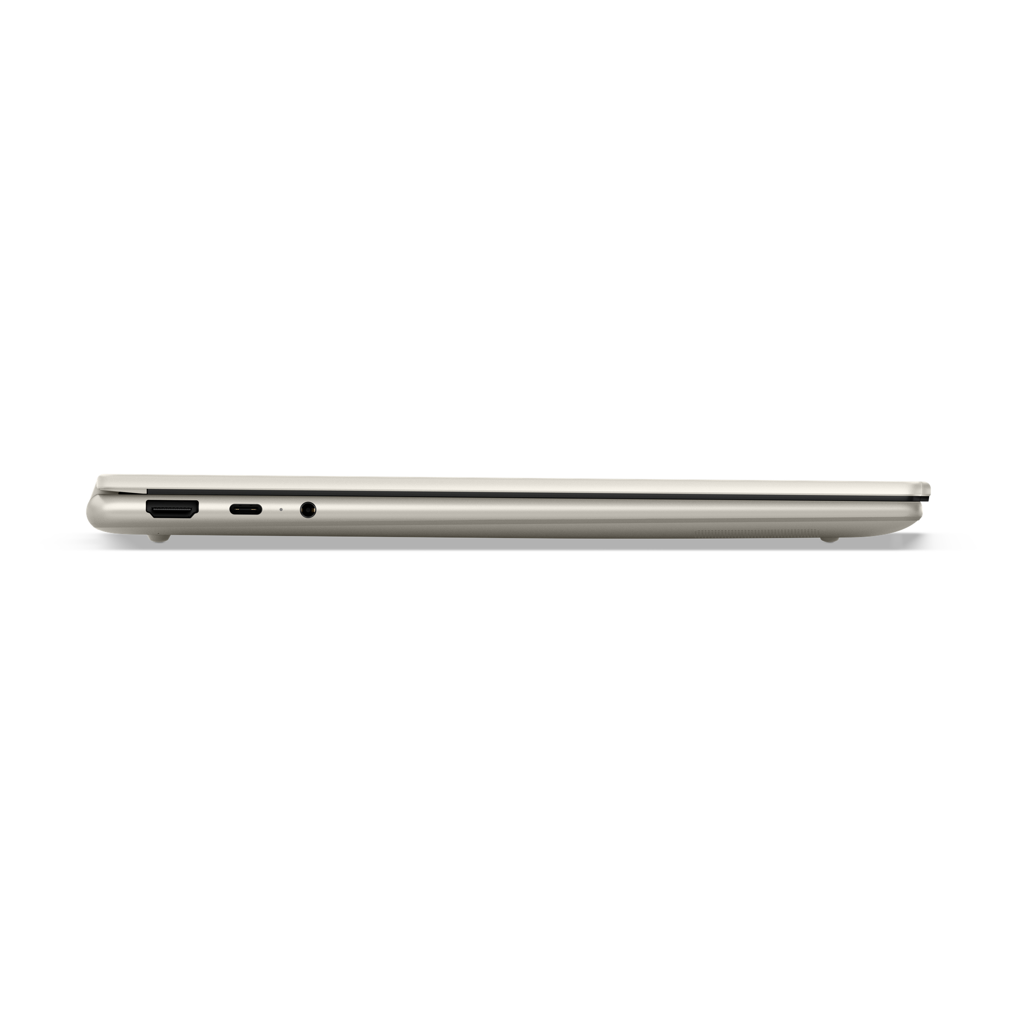 Silberner Laptop, Seitenansicht. Es zeigt Anschlüsse an der Seite. Der Laptop ist geschlossen und dünn.