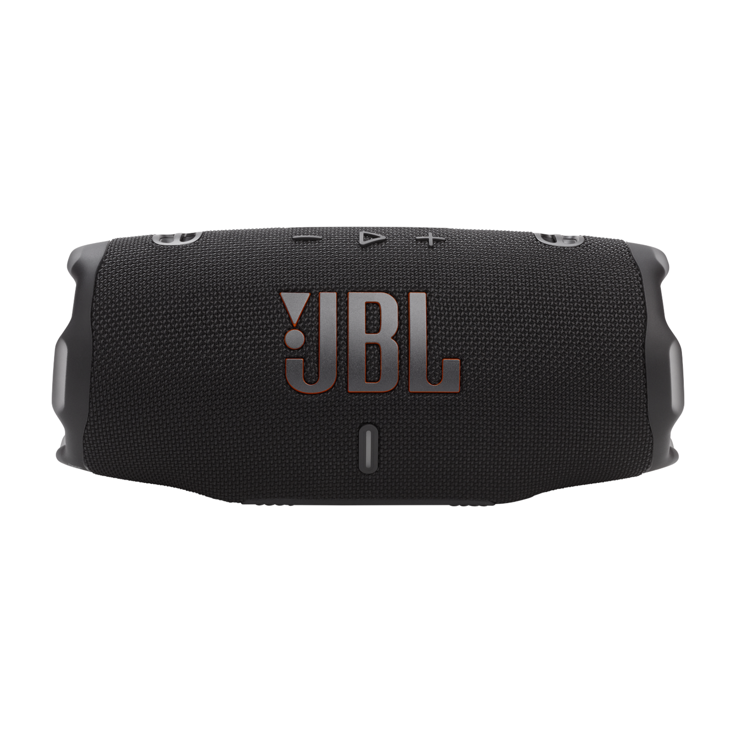Een zwarte JBL-luidspreker met het JBL-logo in rood, tegen een zwarte achtergrond.