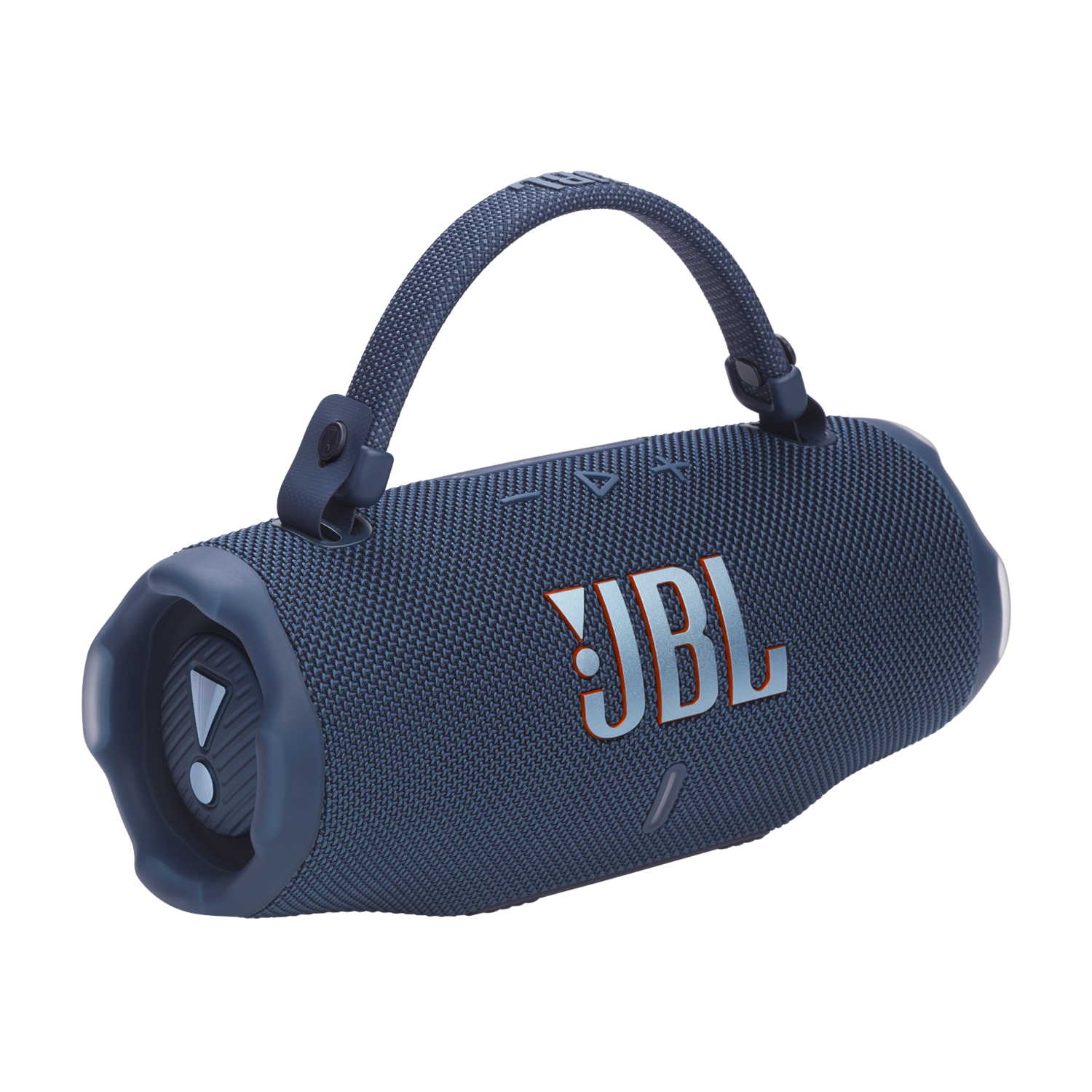 A speaker, blue with a handle. The JBL logo is visible on the front. The speaker is elongated and oval shaped.