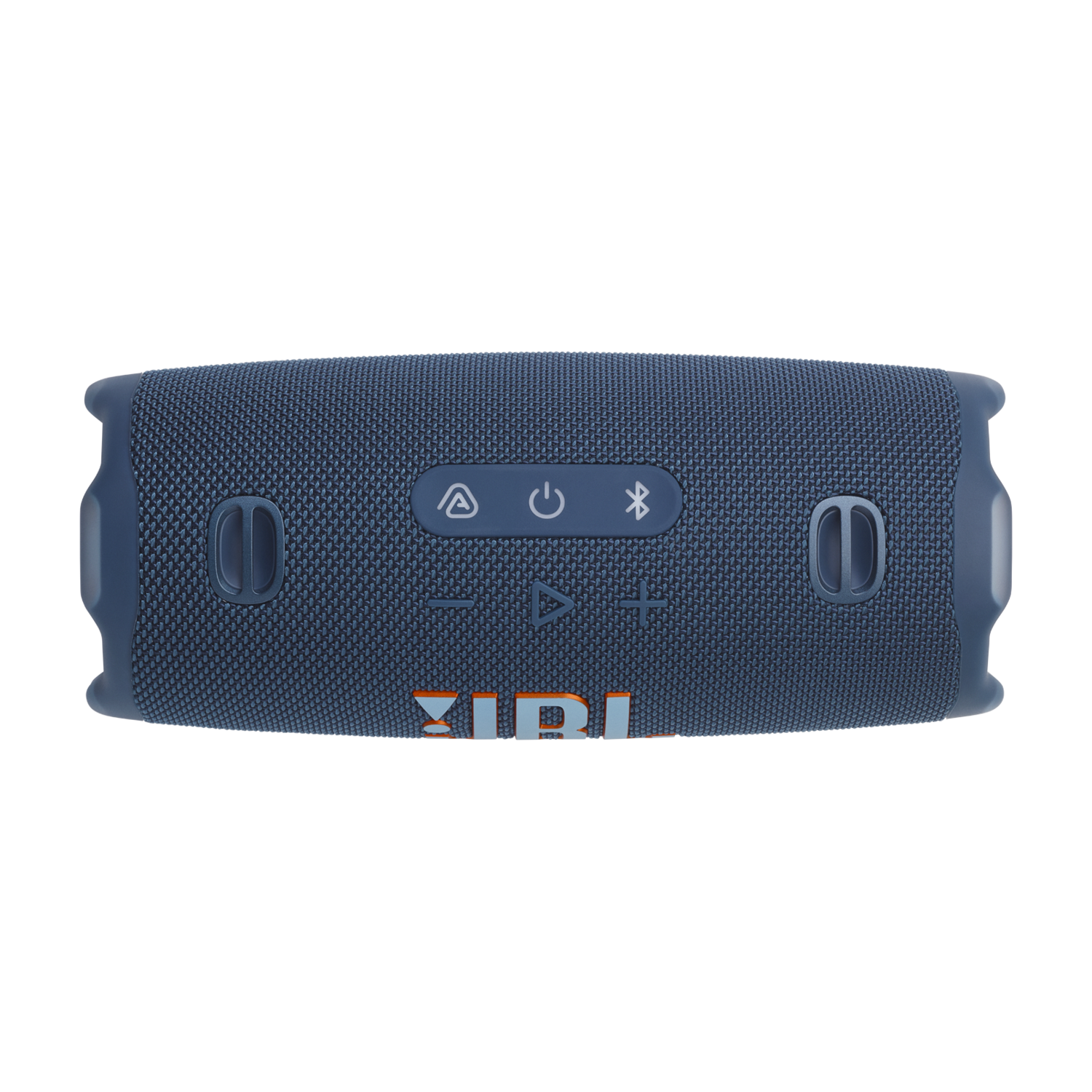 A blue JBL speaker. It has control buttons and the JBL logo in orange.
