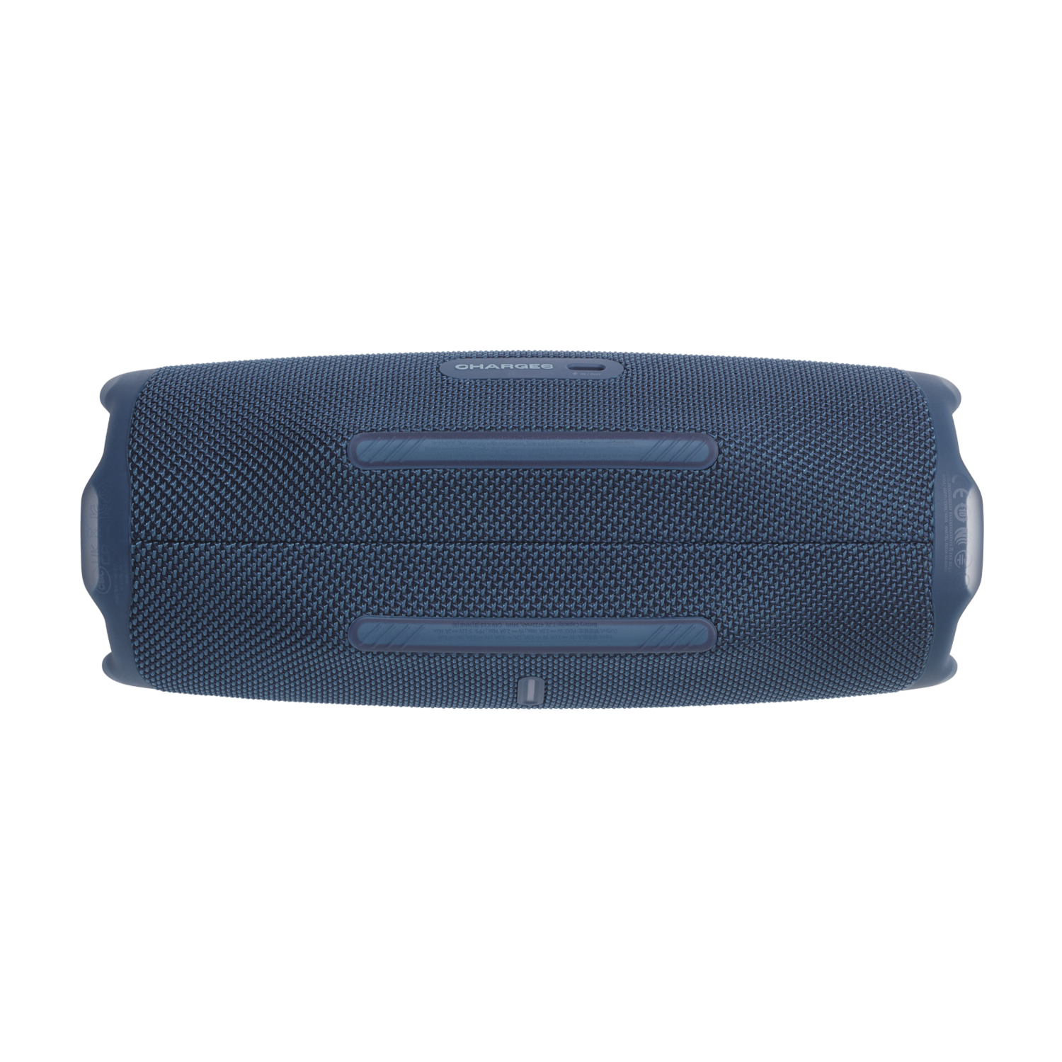 Blue JBL speaker, rectangular shape, mesh texture. Top view, black background.