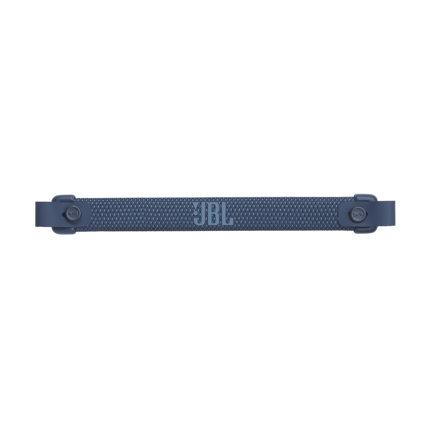 A blue JBL strap with the JBL logo, on a black background, close-up.