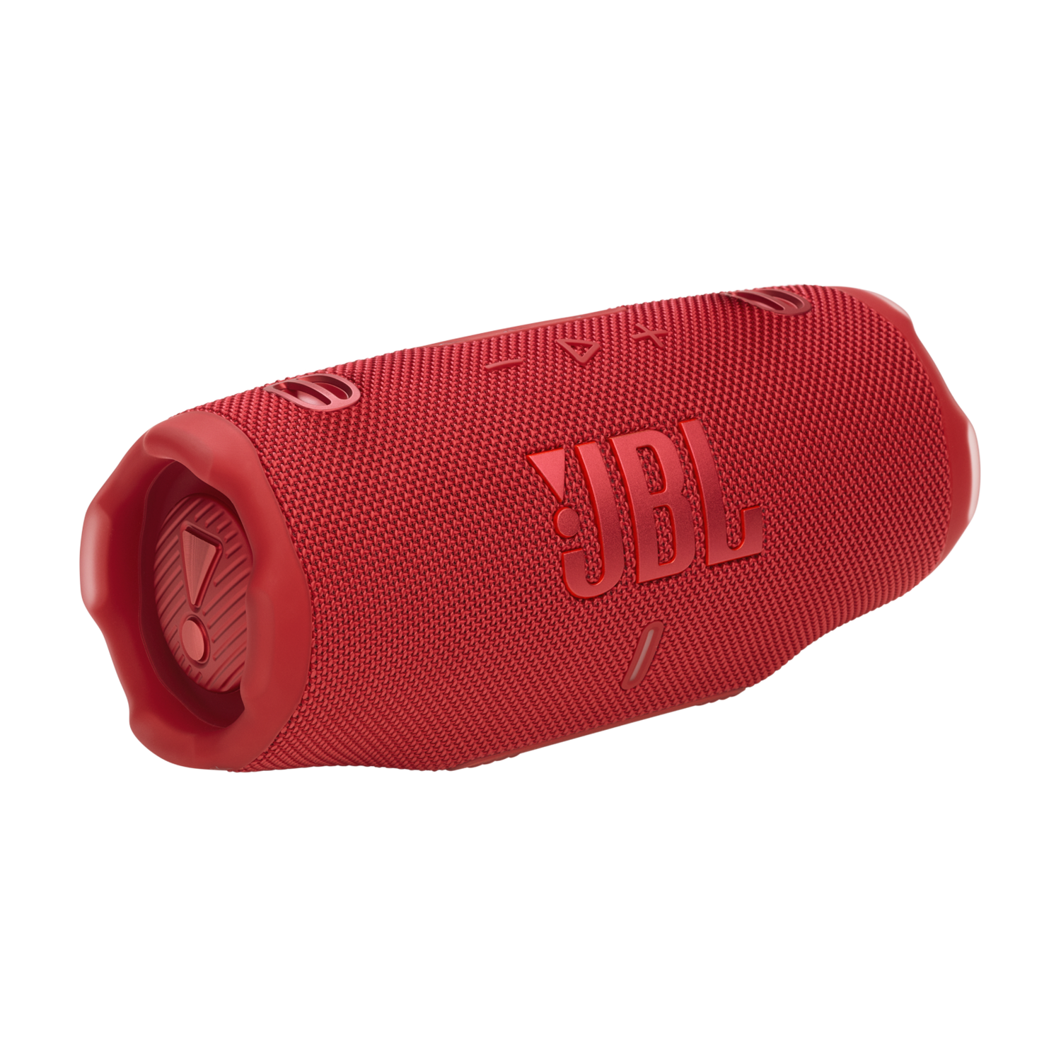 Rode JBL-luidspreker. Hij is cilindrisch en heeft het JBL-logo in het wit.