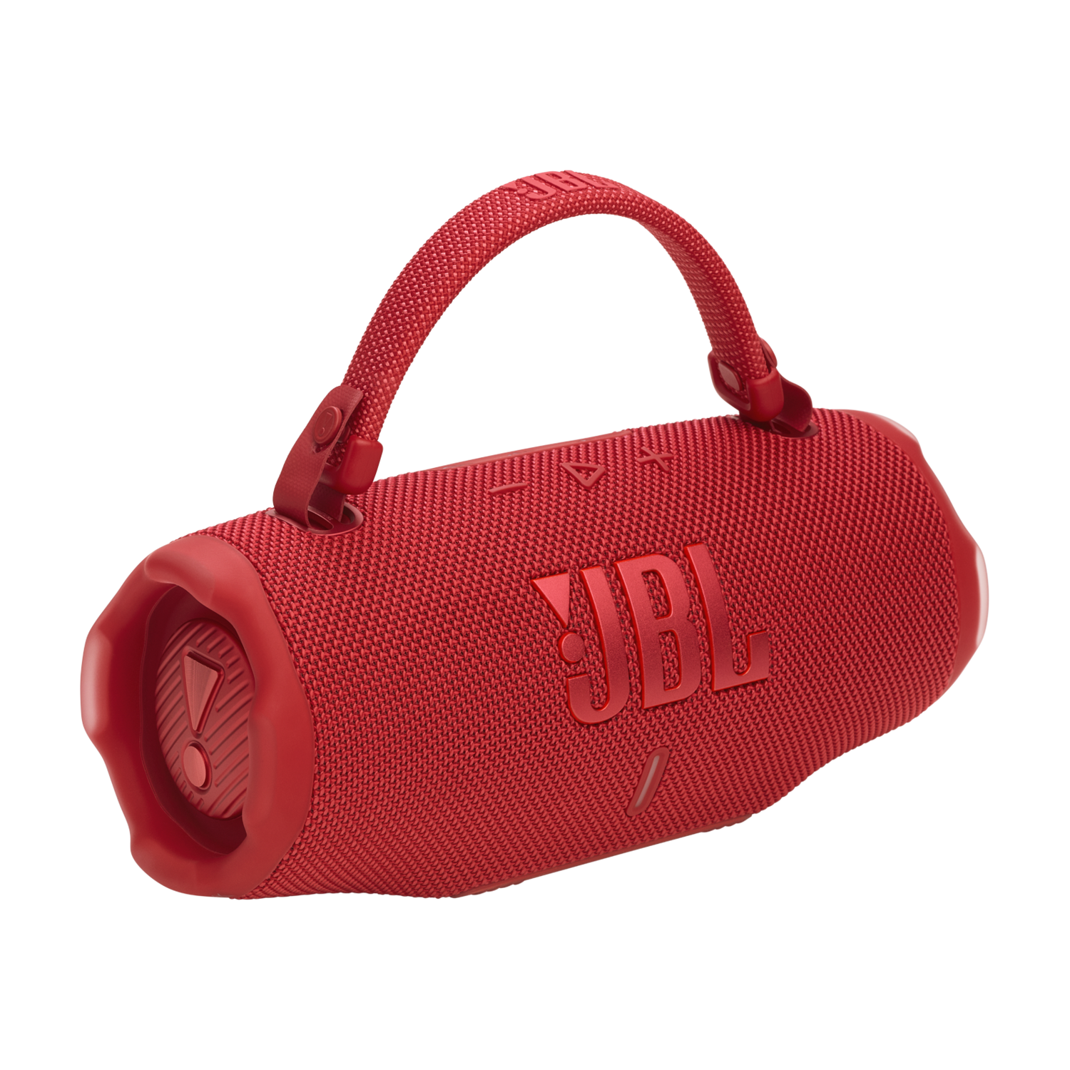 A red JBL portable speaker with a handle. The JBL logo is visible. Black background.