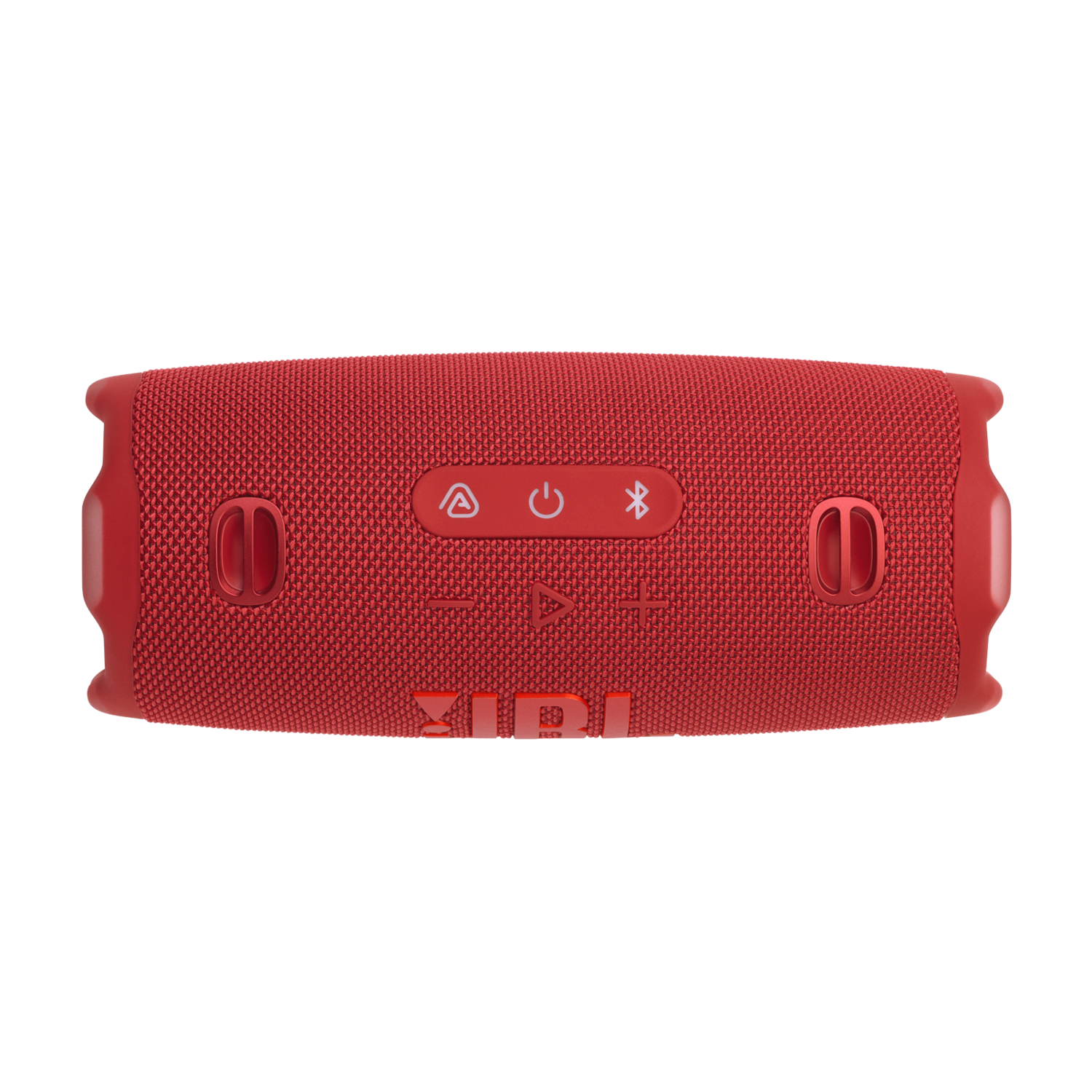 Red JBL speaker, top view. Power, Bluetooth, and other control buttons are visible.